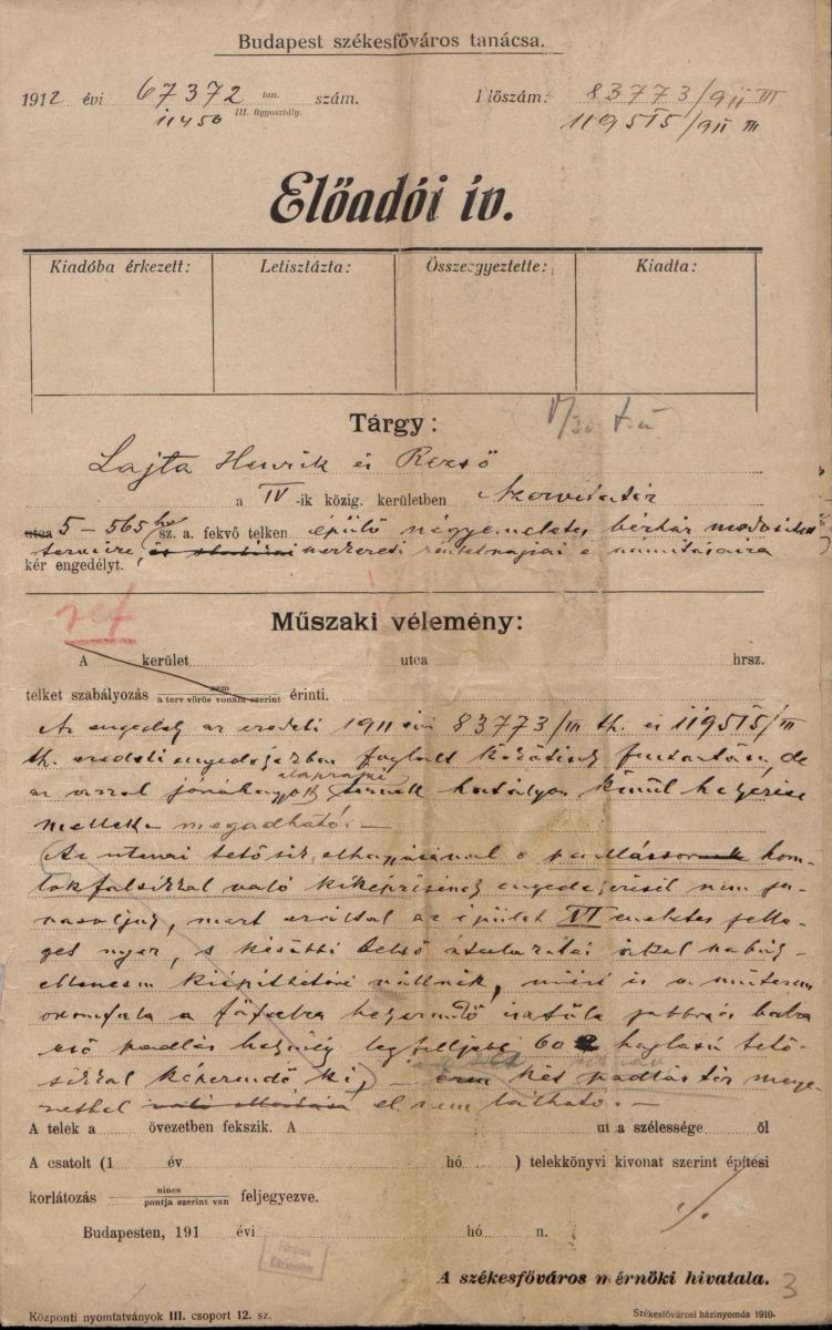 A Szervita téri Lajta-üzletbérház építési engedélyének tanácsi előadói íve, 1912. V. 04_BFL_IV_1407_b_2231_1911_III