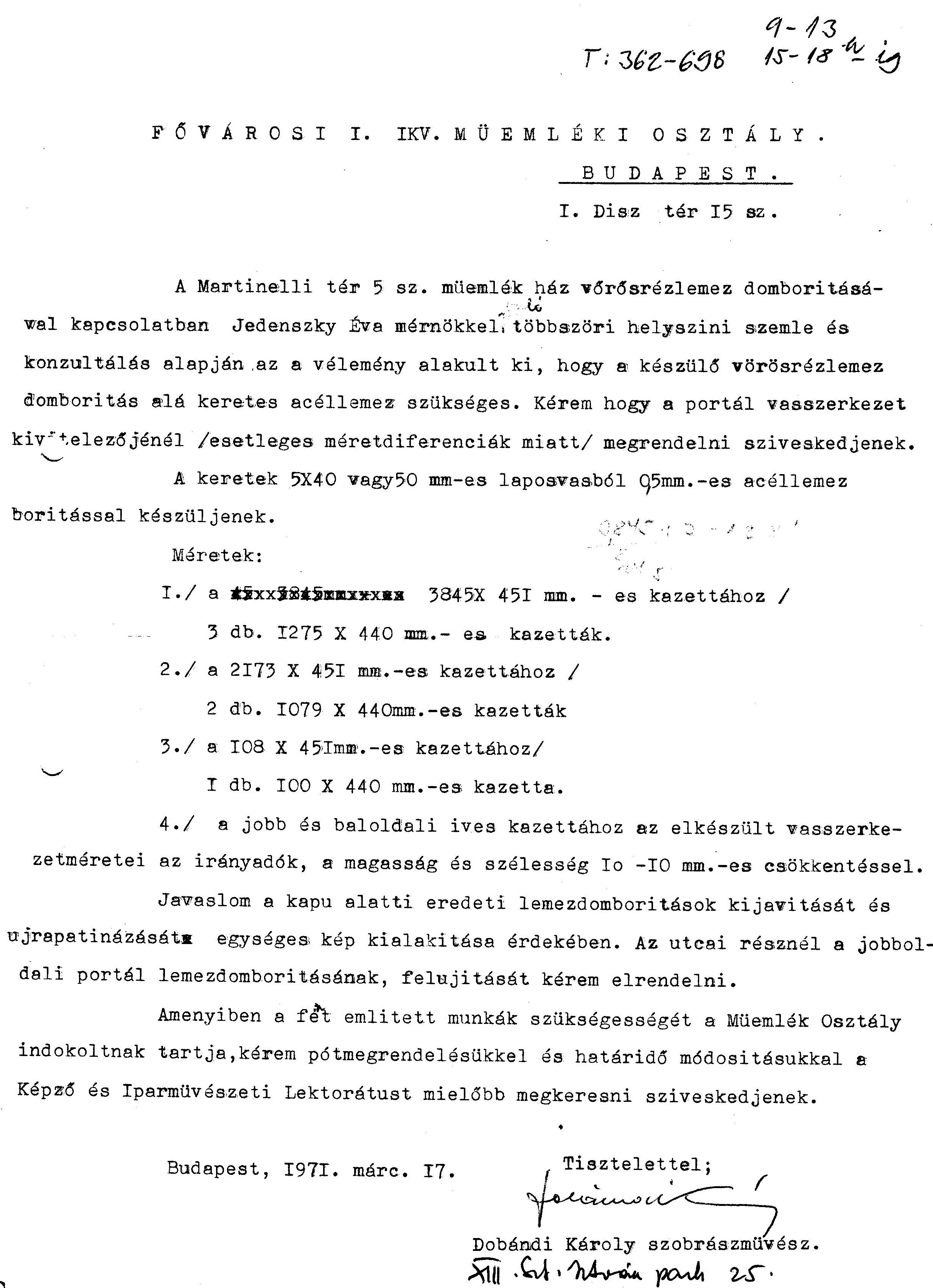 Dobándi Károly levele az I. ker. IKV Műemléki Osztályának a lábazat vörösréz-lemez burkolatával kapcsolatban, 1971. III. 17. 9990_BFL_XV_17_f_358_008