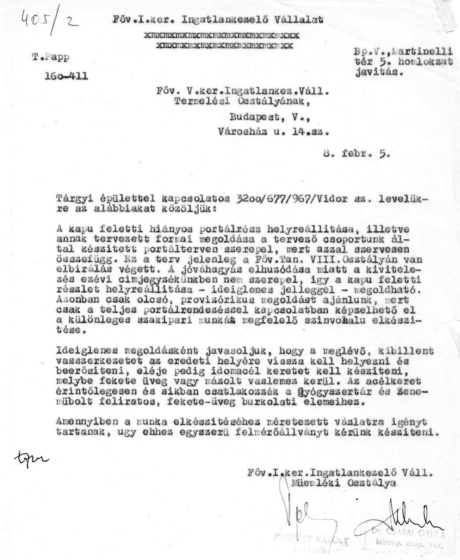 Az I. ker. Ingatlankezelő Vállalat levele az V. ker. IKV termelési Osztályának az előtető helyreállításával kapcsolatban, 1968. II. 5. 28_BFL_XV_17_f_358_002