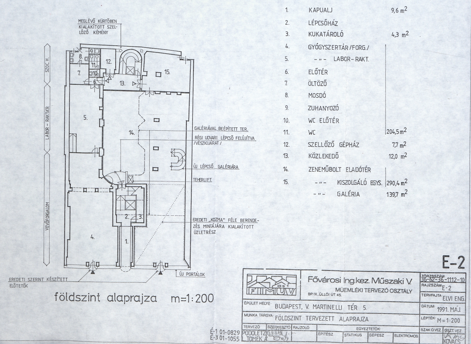 L. Tomek Ágnes - Podoletz Gusztáv (FIMÜV): Az épület felújítási vázlattervei, földszinti alaprajz, 1991. V. A026_BFL_XV_17_f_358