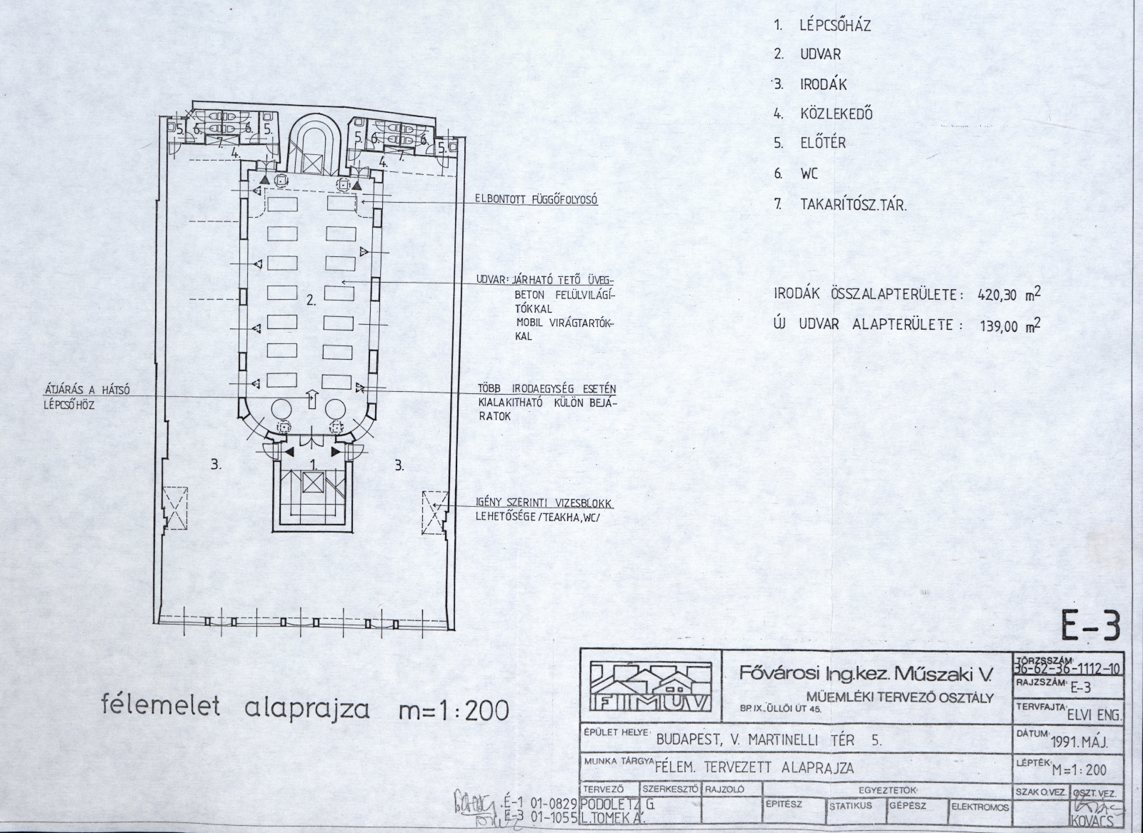 L. Tomek Ágnes - Podoletz Gusztáv (FIMÜV): Az épület felújítási vázlattervei, félemeleti alaprajz, 1991. V. A027_BFL_XV_17_f_358