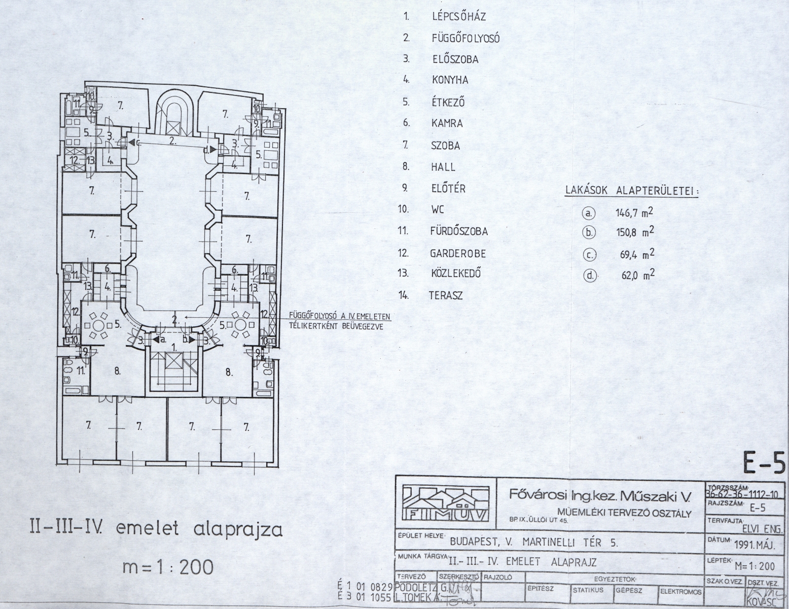 L. Tomek Ágnes - Podoletz Gusztáv (FIMÜV): Az épület felújítási vázlattervei, II-IV. emeleti alaprajz, 1991. V. A028_BFL_XV_17_f_358