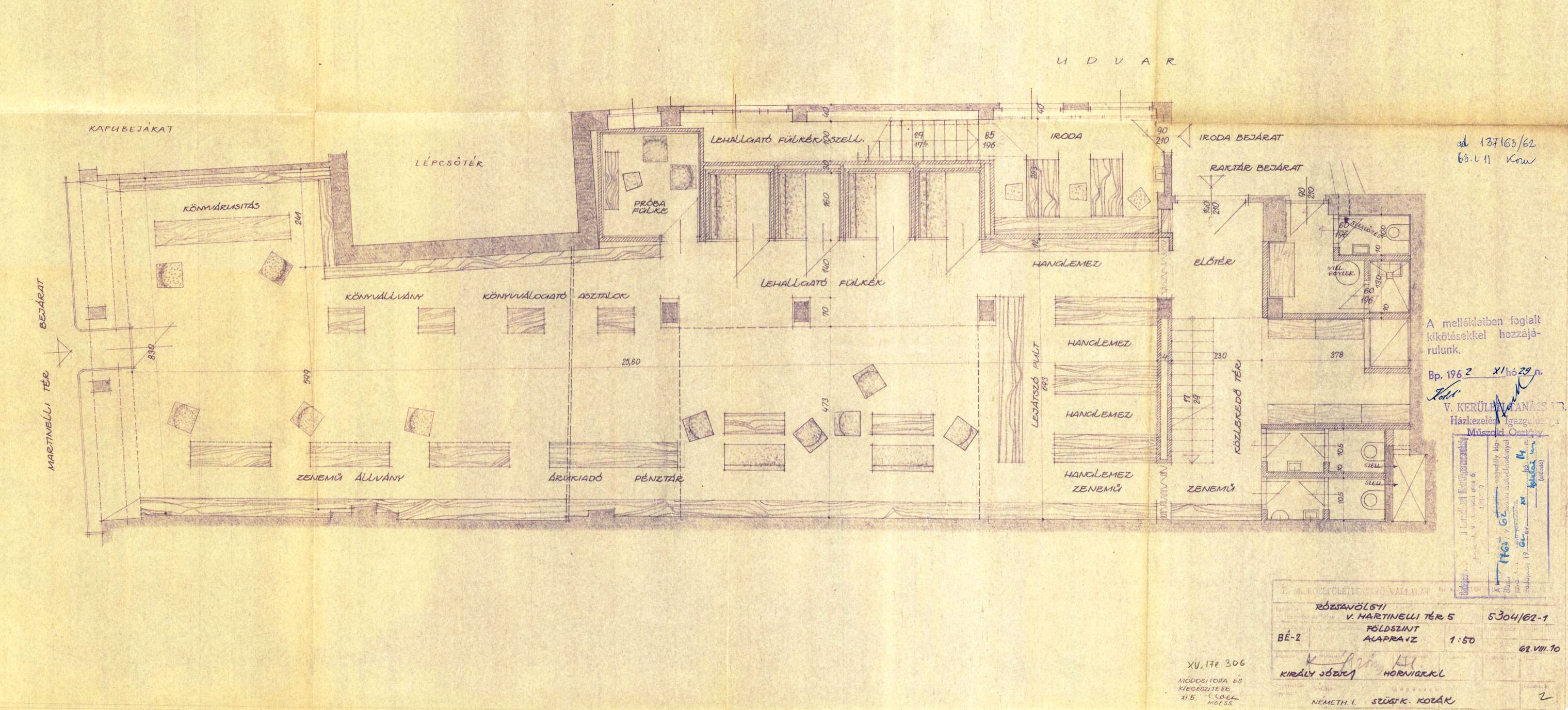 Király József - Moess Tibor (KÖZTI): A Rózsavölgyi Zeneműbolt átalakításának tervei, földszinti alaprajz, 1962. VIII-XI. 491_BFL_XV_17_e_306_2