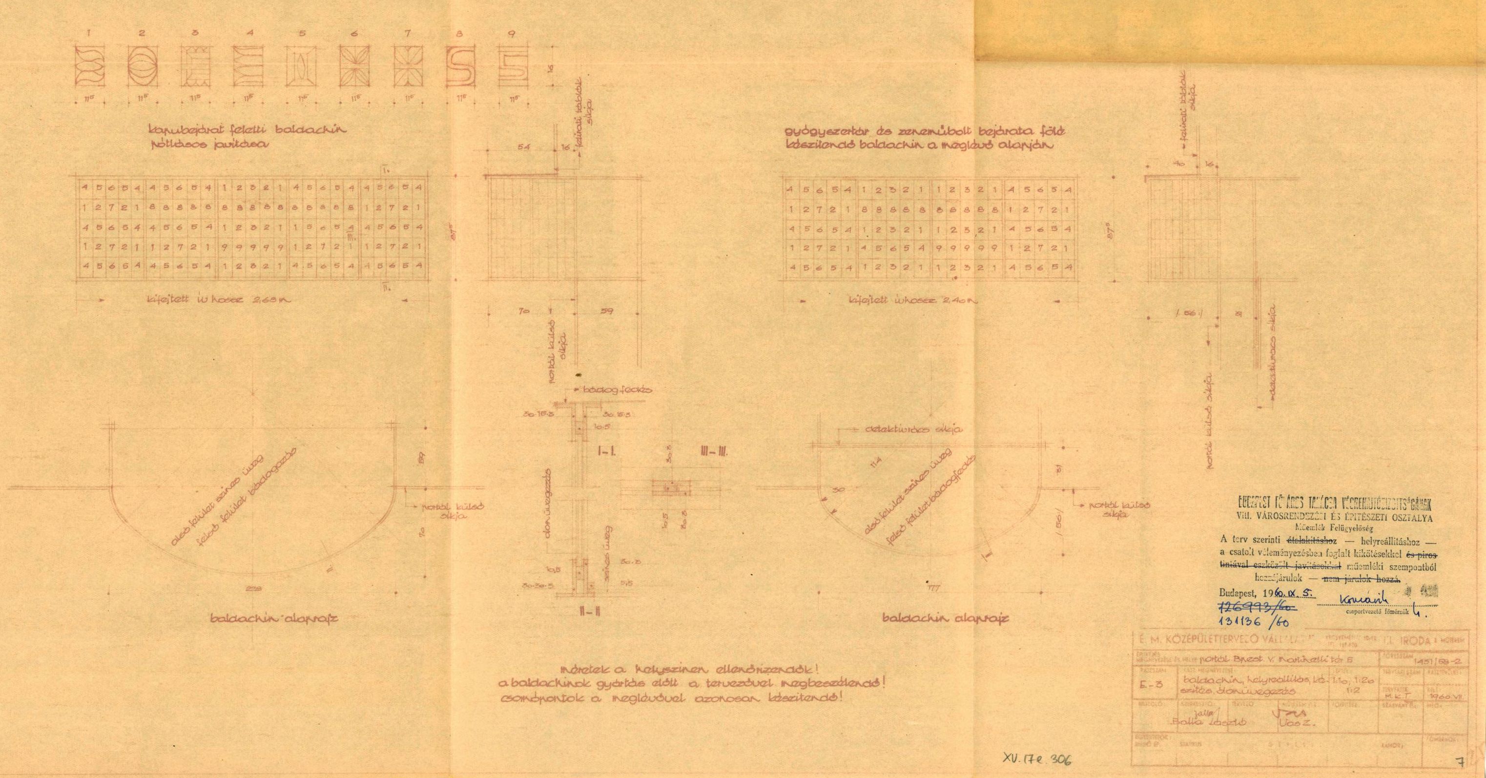 László Balla (KÖZTI): Detail drawings for the reconstruction of the canopy over the main entrance, 07.1960. 18_BFL_XV_17_e_306_szervita_7