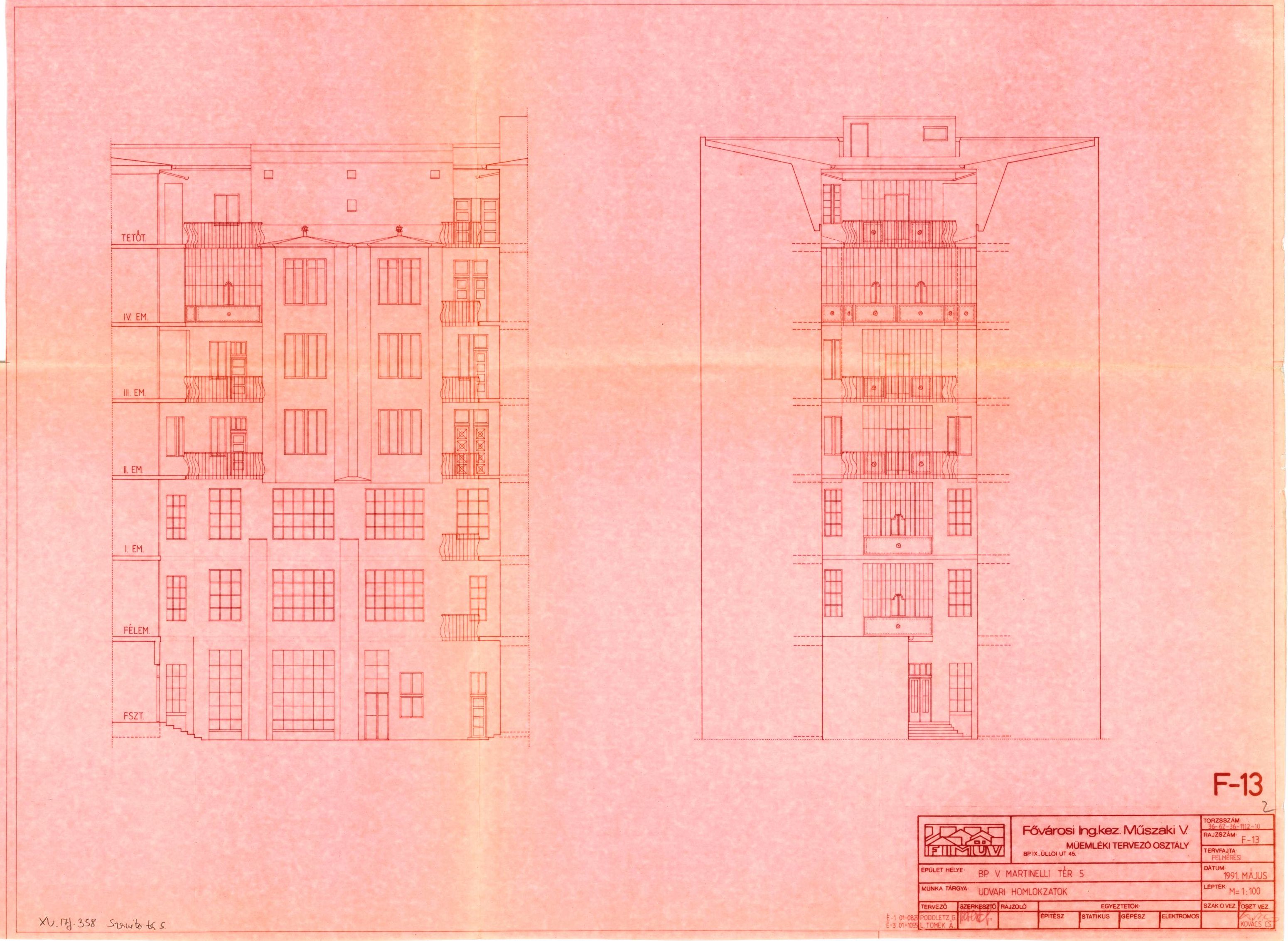 L. Tomek Ágnes - Podoletz Gusztáv (FIMÜV): Az épület felmérési tervei, udvari homlokzatok, 1991. V. A025_BFL_XV_17_f_358
