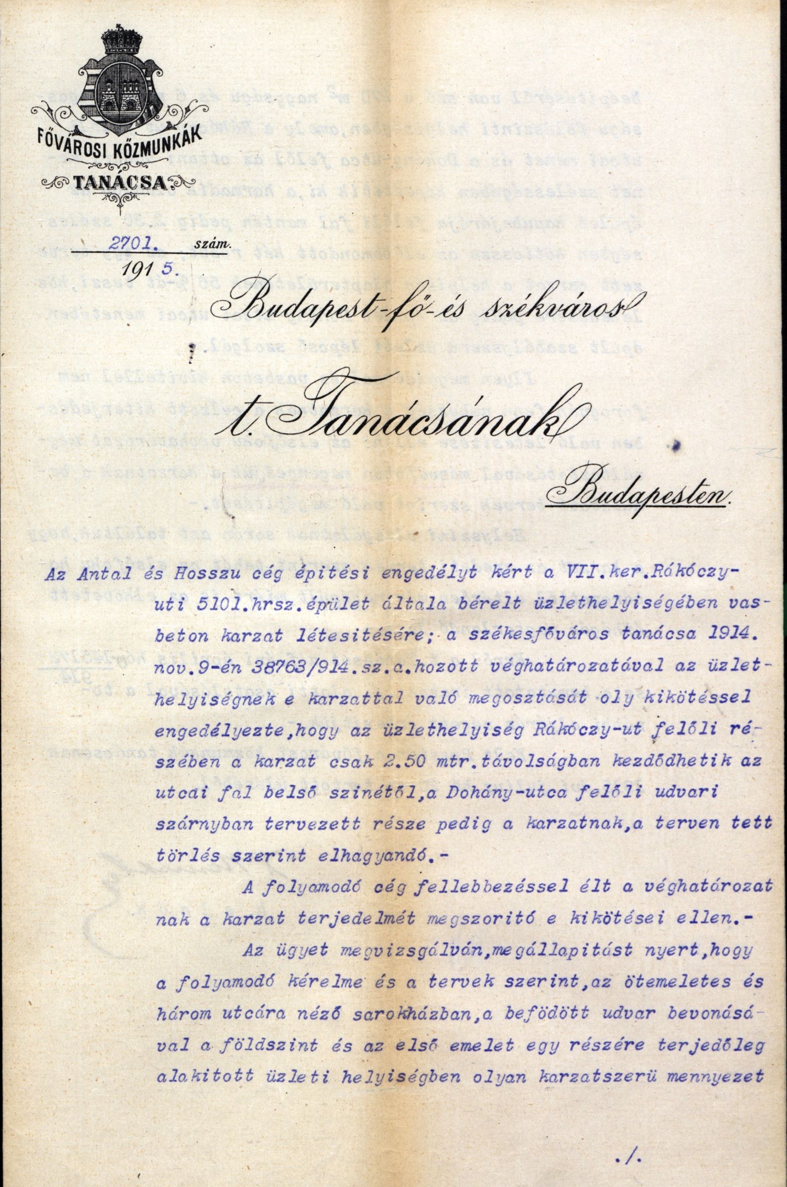 A Fővárosi Közmunkák Tanácsa átirata a fővárosi tanácsnak a karzatépítés engedélyezése tárgyában, 1915. VII. 20. 006_BFL_IV_1407_b_II_1857_1914