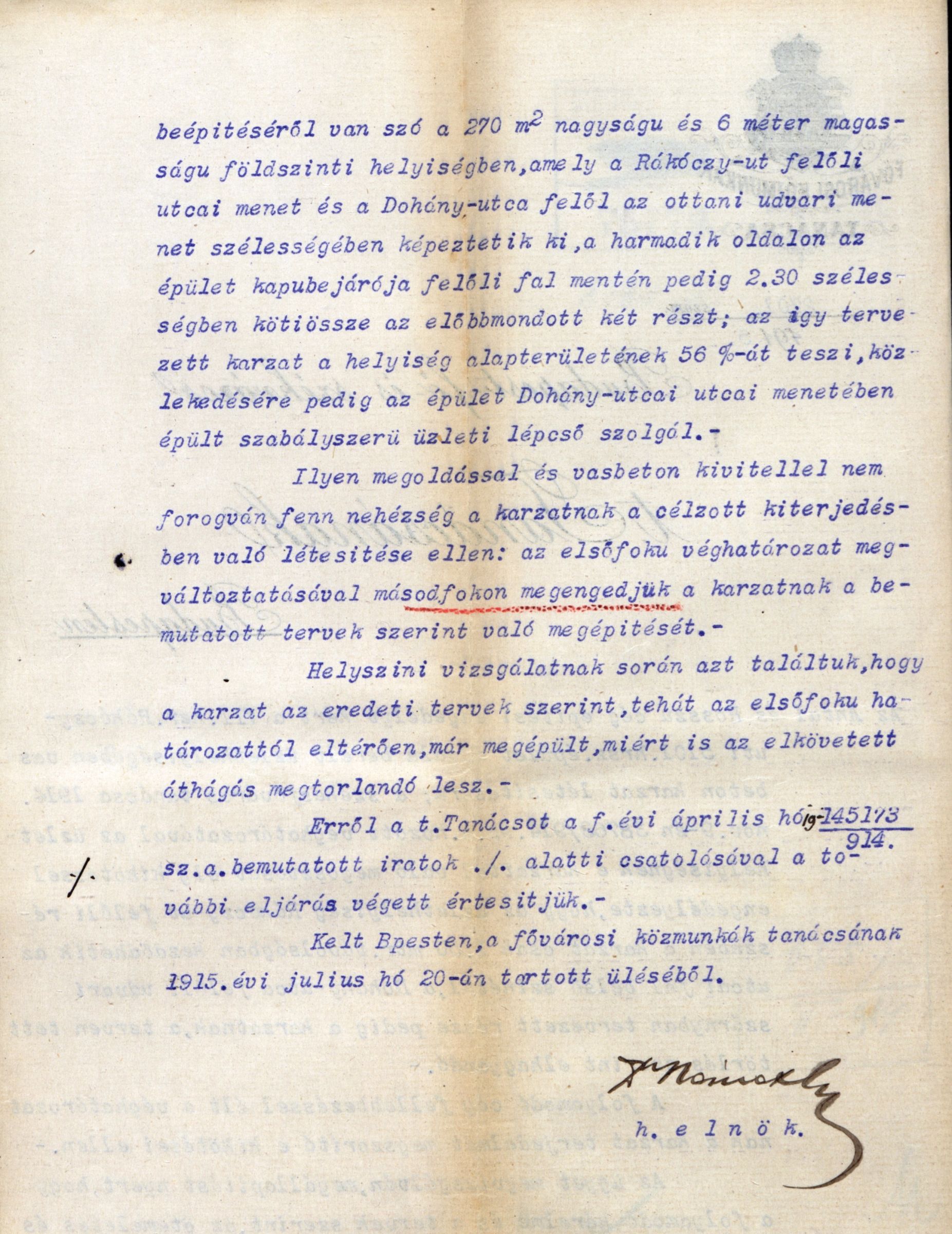 A Fővárosi Közmunkák Tanácsa átirata a fővárosi tanácsnak a karzatépítés engedélyezése tárgyában, 1915. VII. 20. 007_BFL_IV_1407_b_II_1857_1914