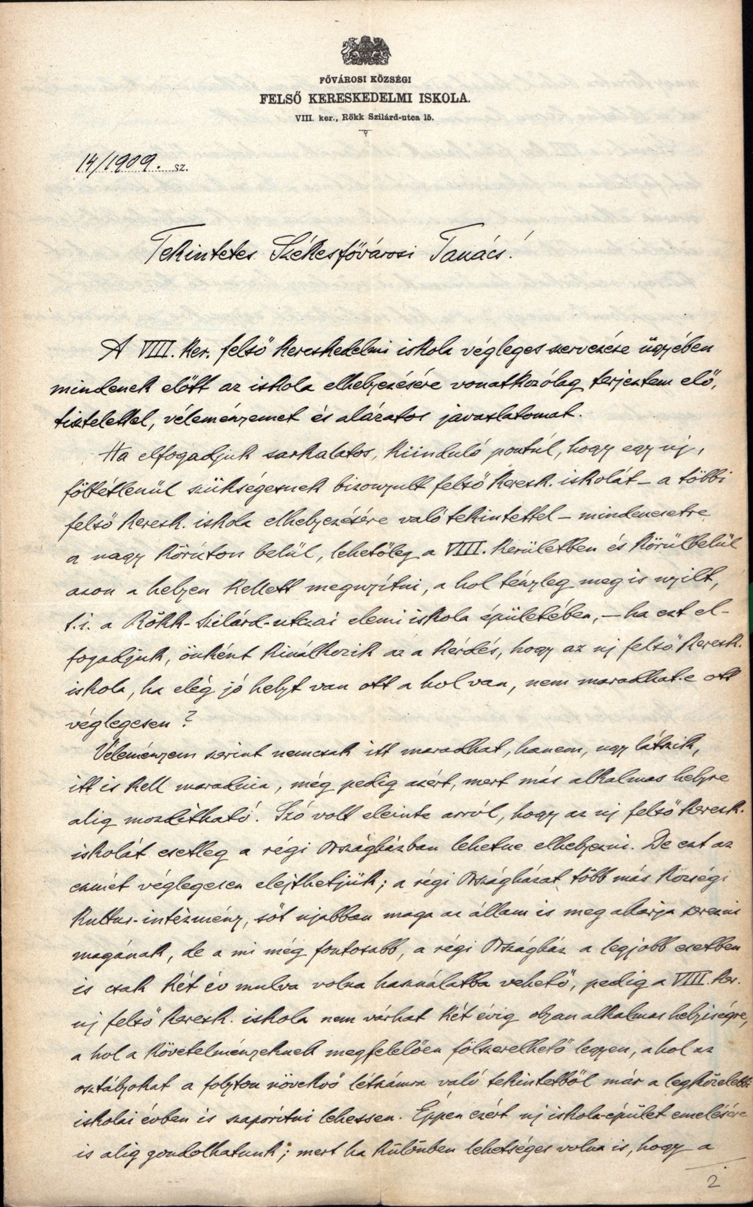 Mihály József iskolaigazgató előterjesztése az iskola végleges elhelyezése tárgyában, 1909. II. 6. 001_BFL_IV_1407_b VII_3093_1909