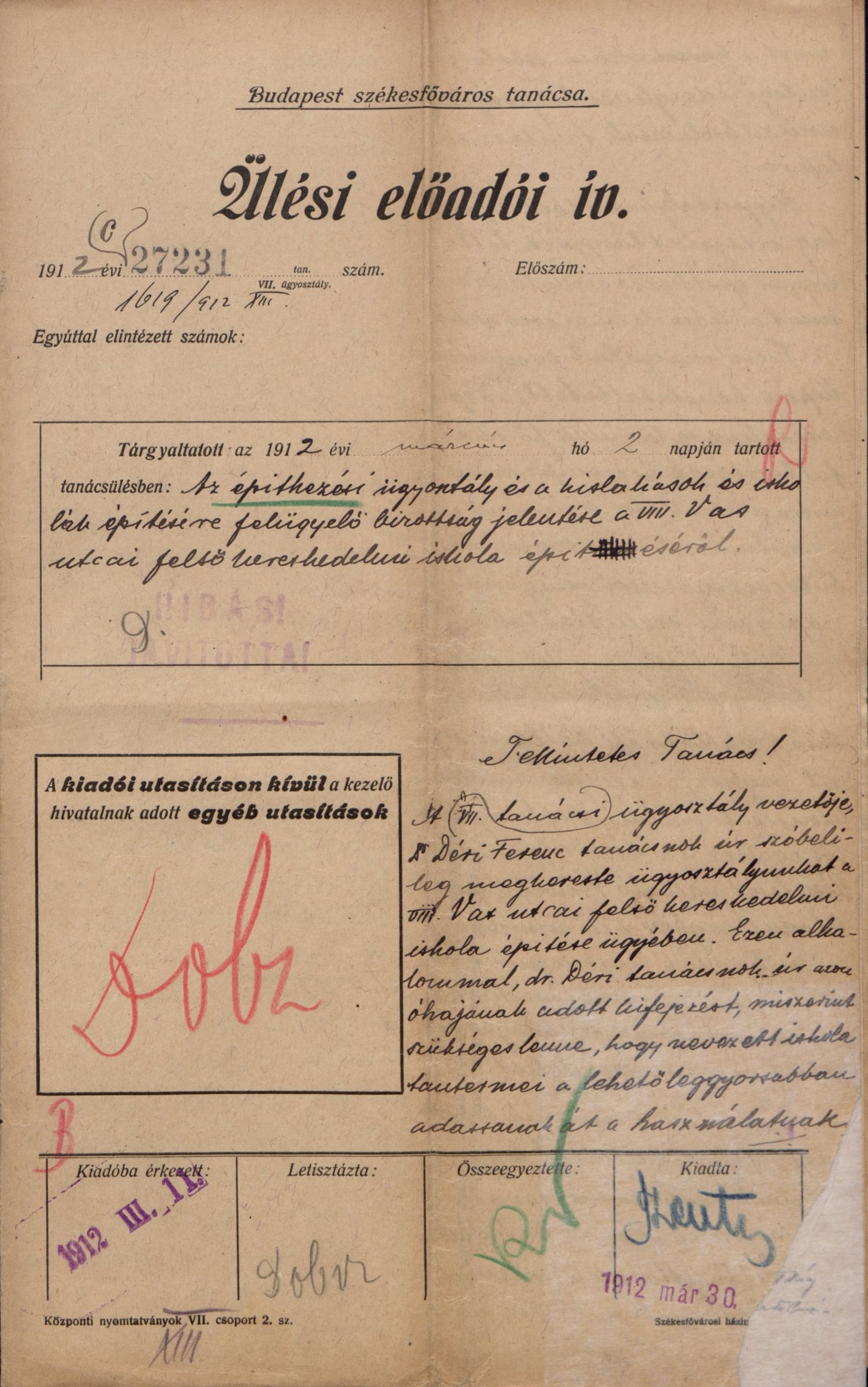 A XIII. építkezési ügyosztály, ill. a kislakások stb. bizottság jelentése az iskola építéséről, valamint a tanácsi határozat, 1912. II. 9. 026_BFL_IV_1407_b XIII_491_1912