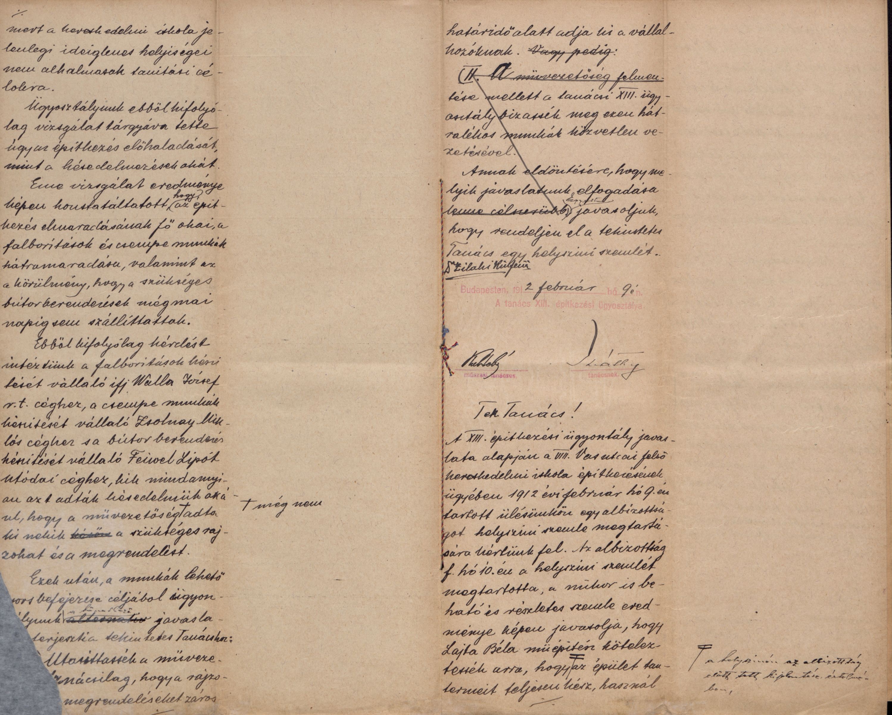 A XIII. építkezési ügyosztály, ill. a kislakások stb. bizottság jelentése az iskola építéséről, valamint a tanácsi határozat, 1912. II. 9. 027_BFL_IV_1407_b XIII_491_1912