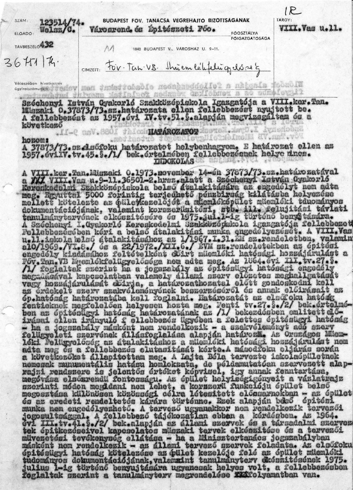 A Fővárosi Tanács Városrendezési és Építészeti Főosztályának másodfokú határozata, 1974. V. 28. 18_BFL_XV_17_e_306_VIII_Vas_utca_9-11_0019