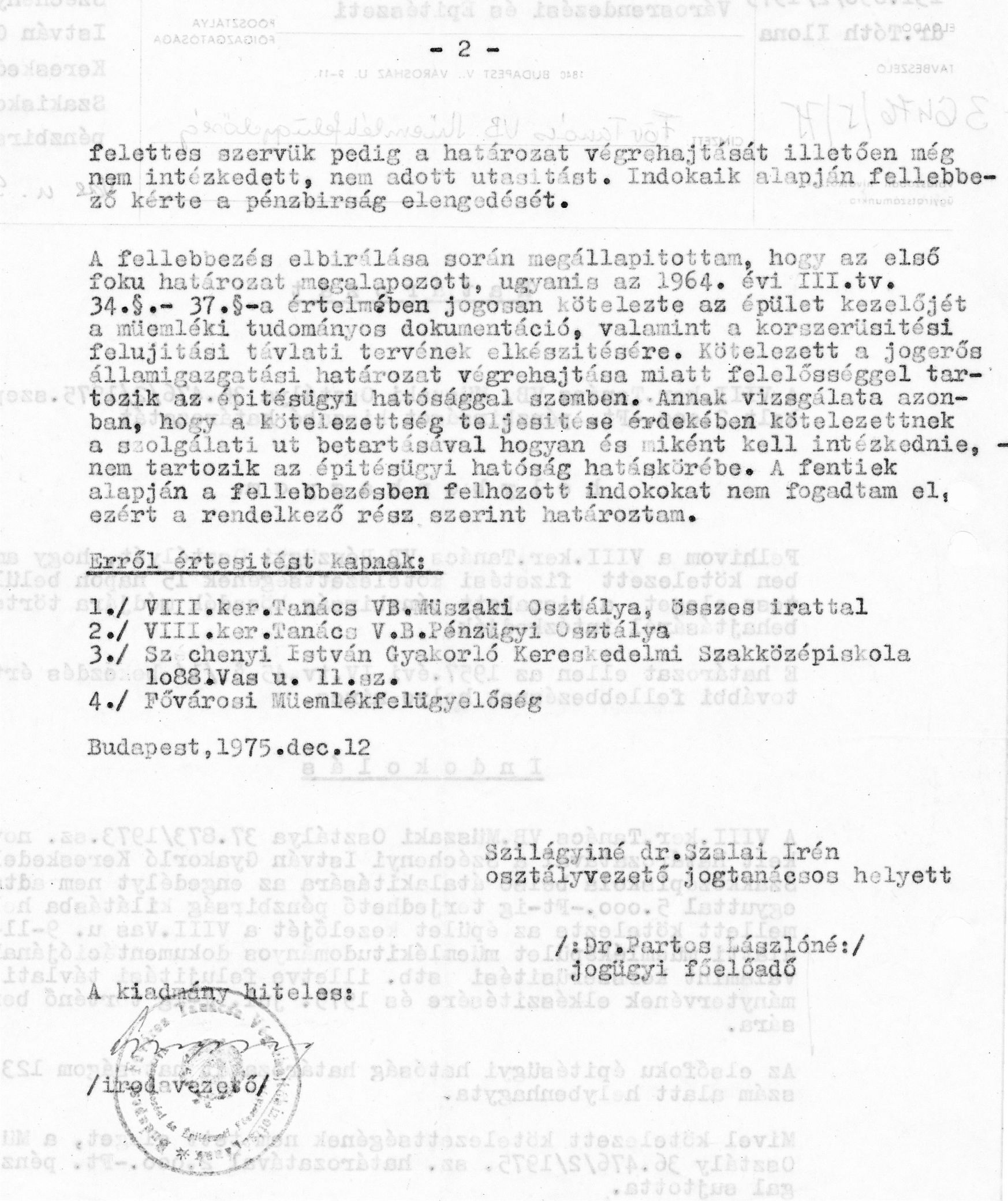 A Fővárosi Tanács Városrendezési és Építészeti Főosztályának a pénzbírságot helybenhagyó másodfokú határozata, 1975. XII. 12. 22_BFL_XV_17_e_306_VIII_Vas_utca_9-11_0023