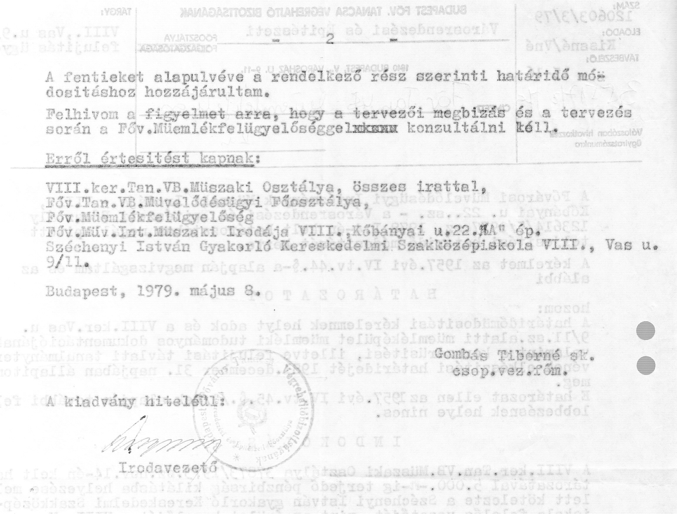 A Fővárosi Tanács Városrendezési és Építészeti Főosztályának a tervezési határidő módosítását engedélyező határozata, 1979. V. 8. 26_BFL_XV_17_e_306_VIII_Vas_utca_9-11_0027