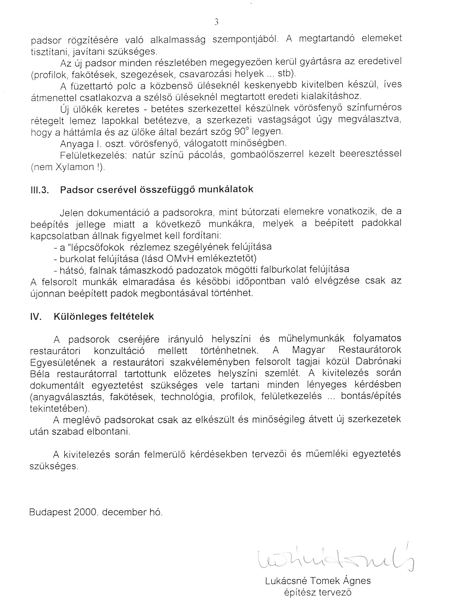 A harmadik és negyedik emeleti fizikai és kémiai előadók padsor-cseréjének felújítási dokumentációja, műleírás, 2000. 41_Lukácsné Tomek Ágnes (FIMÜV Zrt.)