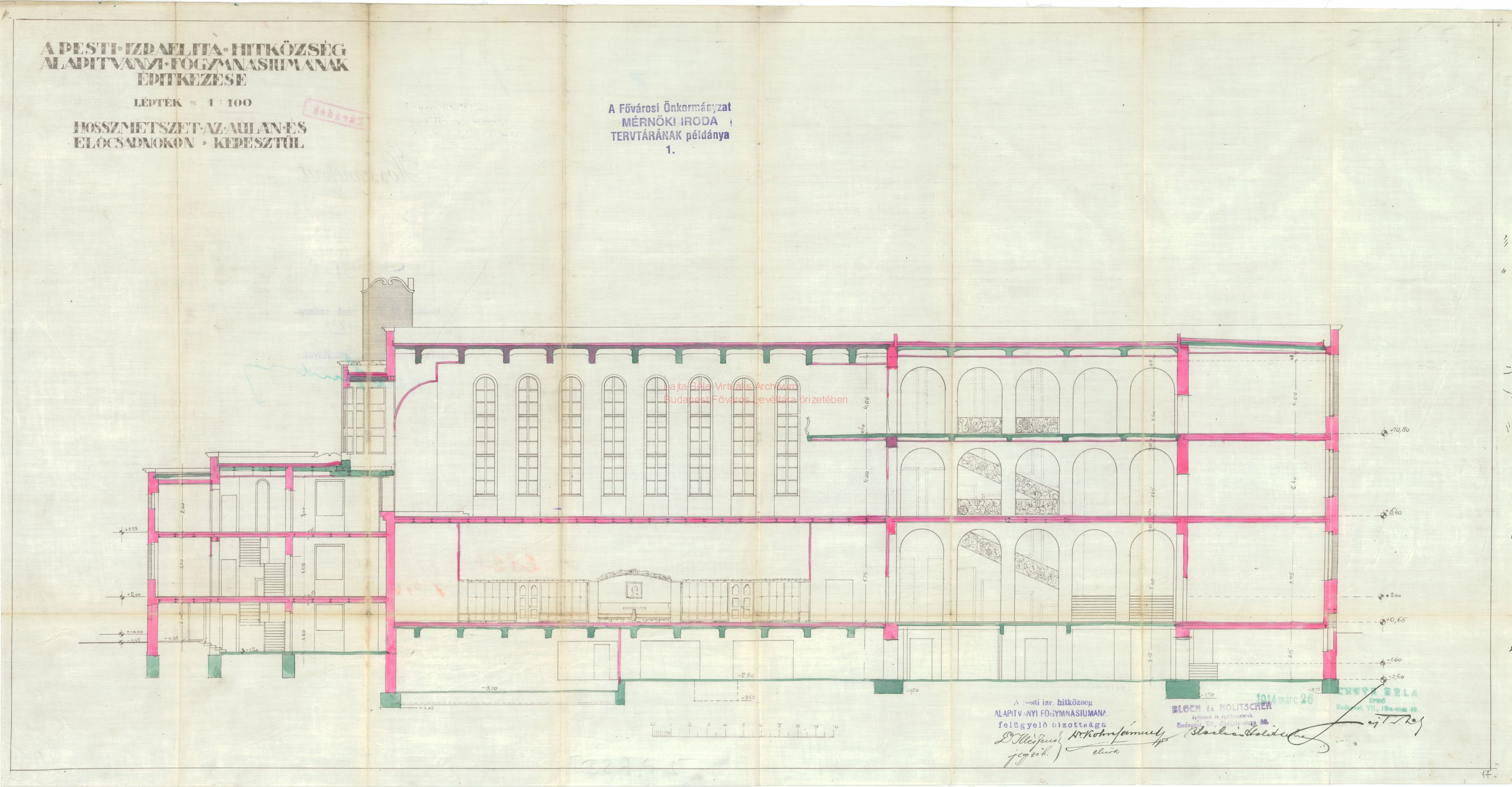 Longitudinal section of the Cházár András Street wing with the synagogue and the entrance hall, 26.03.1914 16_BFL_XV_17_d_329_32745_17
