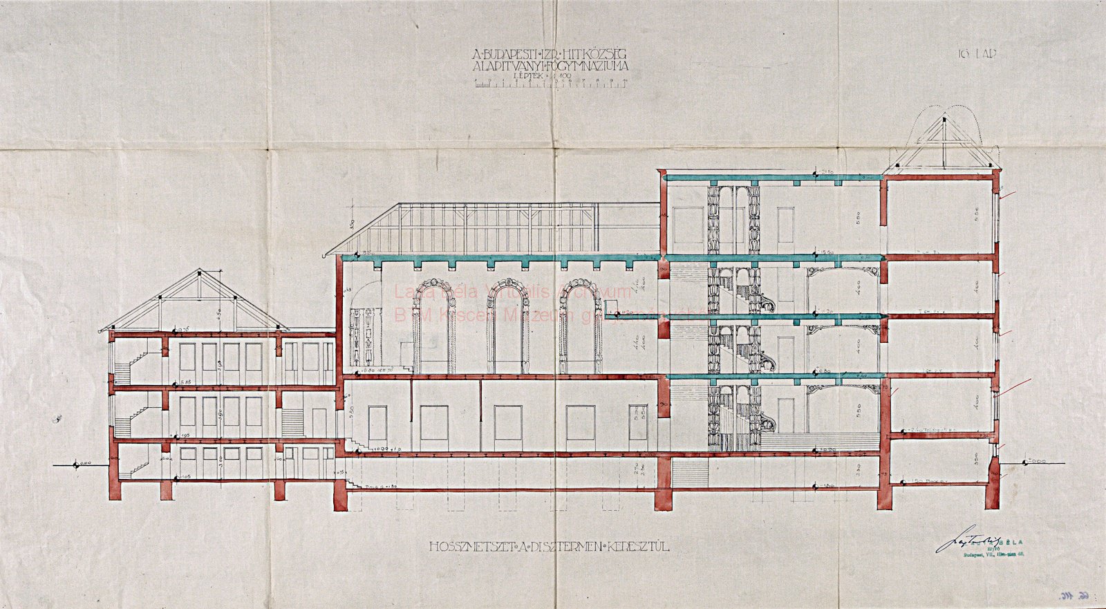 Longitudinal section of the Cházár András Street wing with the synagogue and the entrance hall, 04.1913 08_BTM Kiscelli Múzeum Építészeti Gyűjtemény, ltsz.: 66.116