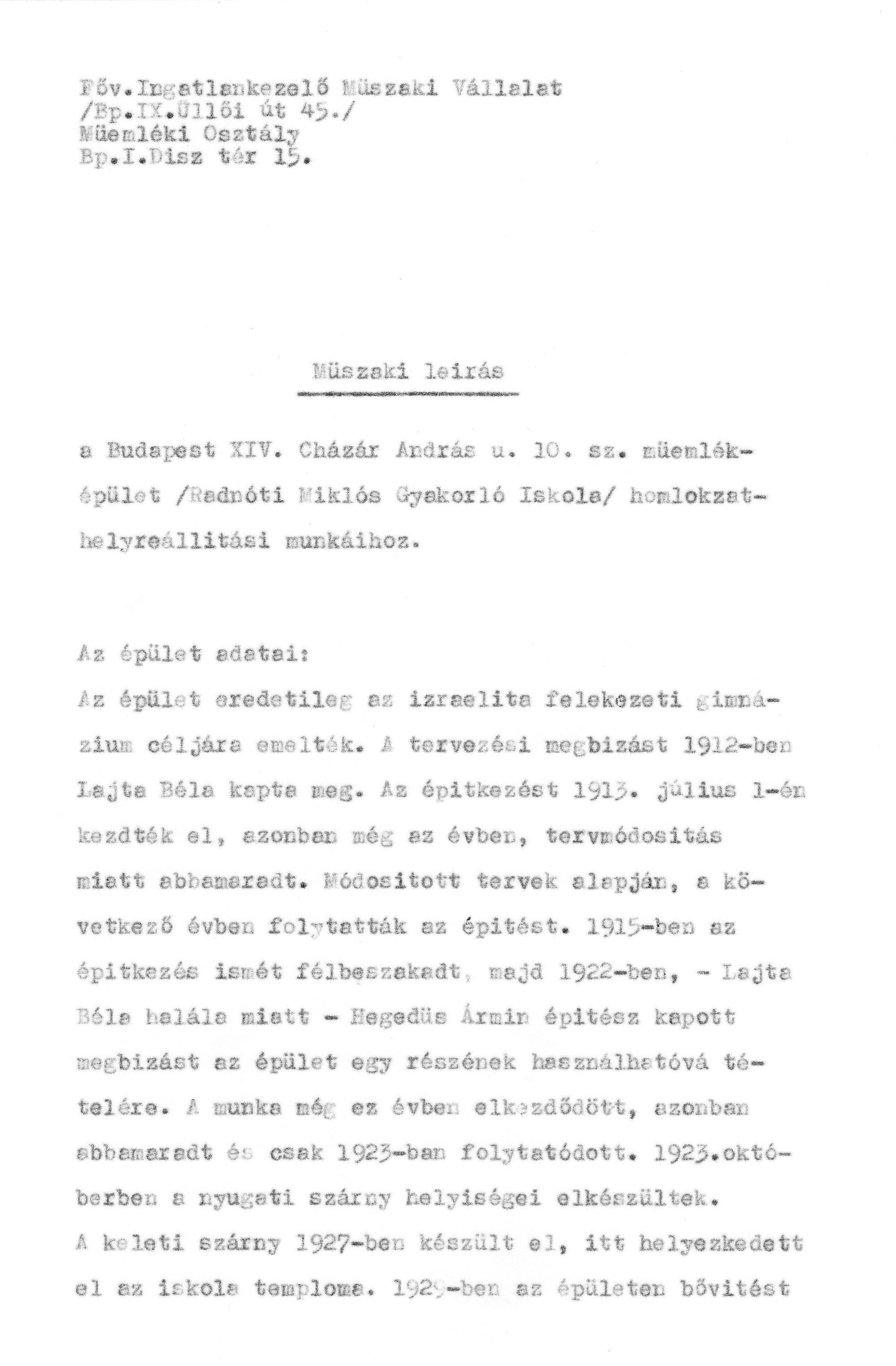 Jedovszky Éva (FIMÜV): A tervezett homlokzat-helyreállítás műszaki leírása, 1980. VI. BFL_XV_17_e_306 A Fővárosi Műemléki Felügyelőség iratai