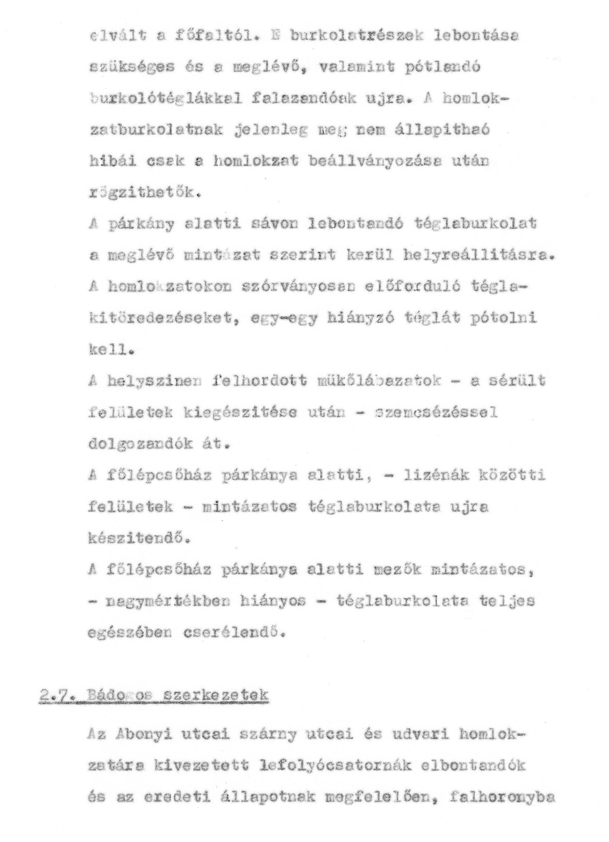 Jedovszky Éva (FIMÜV): A tervezett homlokzat-helyreállítás műszaki leírása, 1980. VI. BFL_XV_17_e_306 A Fővárosi Műemléki Felügyelőség iratai