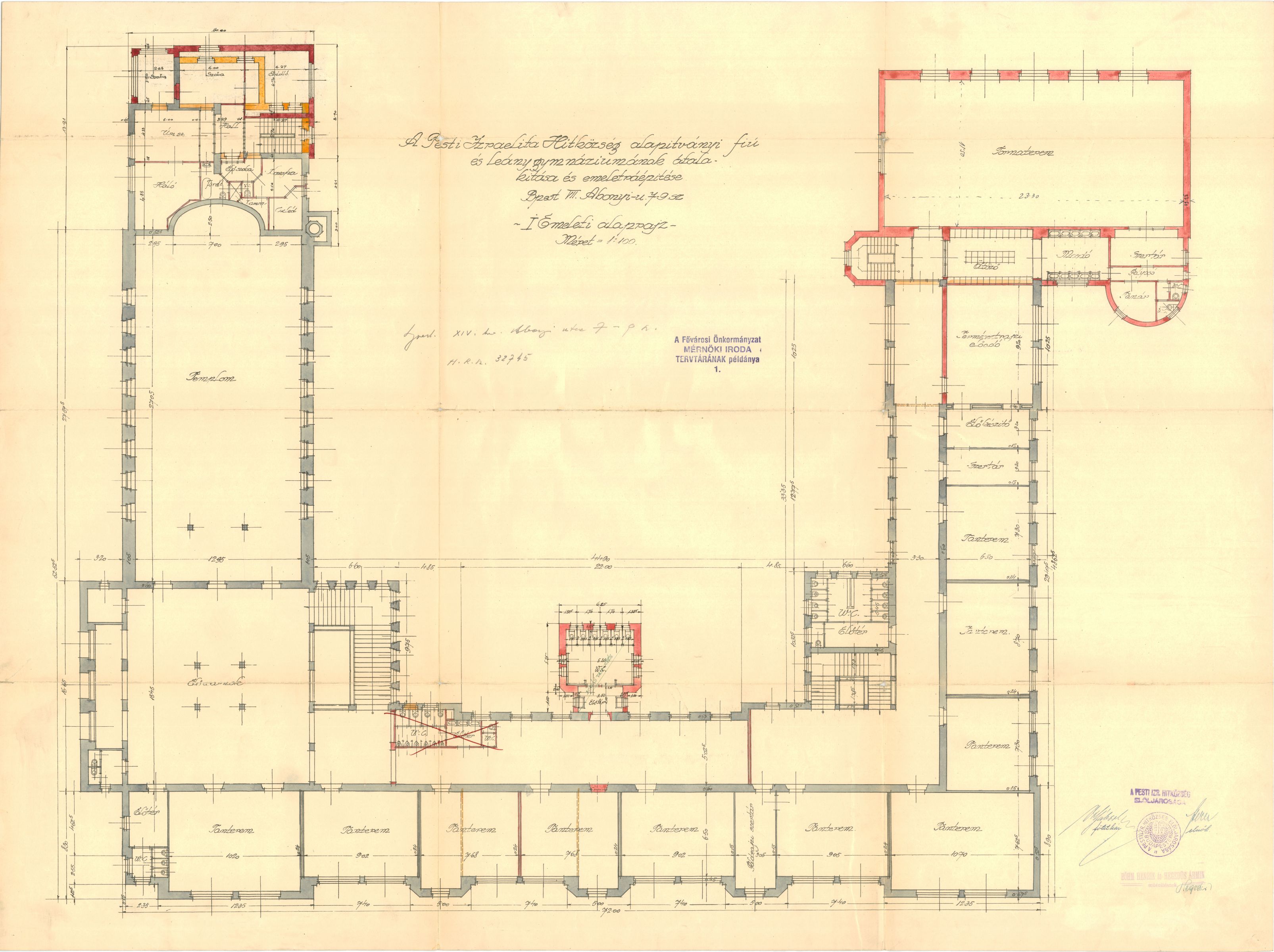 Böhm Henrik - Hegedüs Ármin: A zsidó gimnázium átalakításának és bővítésének terve, első emeleti alaprajz, 1930. 10_BFL_XV_17_d_329_32745_25