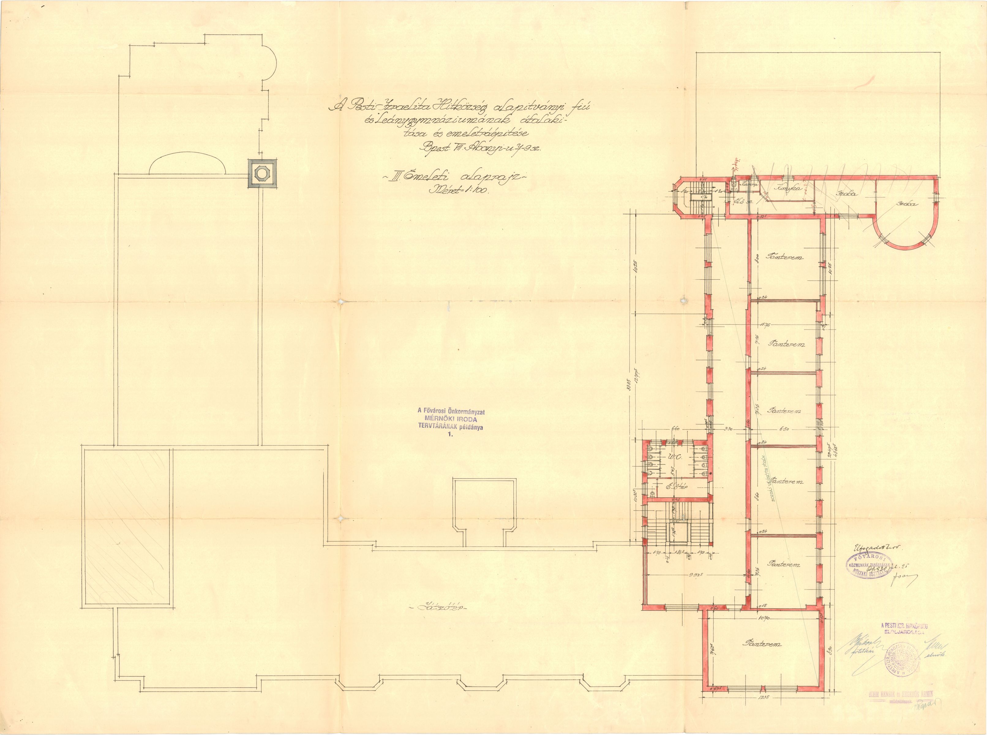 Böhm Henrik - Hegedüs Ármin: A zsidó gimnázium átalakításának és bővítésének terve, harmadik emeleti alaprajz, 1930. 12_BFL_XV_17_d_329_32745_27