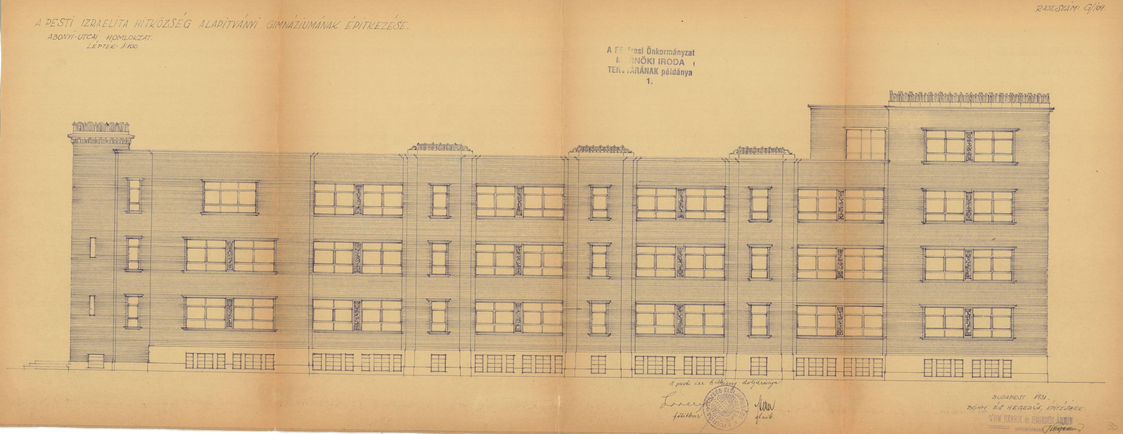 Böhm Henrik - Hegedüs Ármin: A zsidó gimnázium átalakításának és bővítésének terve, Abonyi utcai homlokzat, 1931. 15_BFL_17_d_329_32745_30