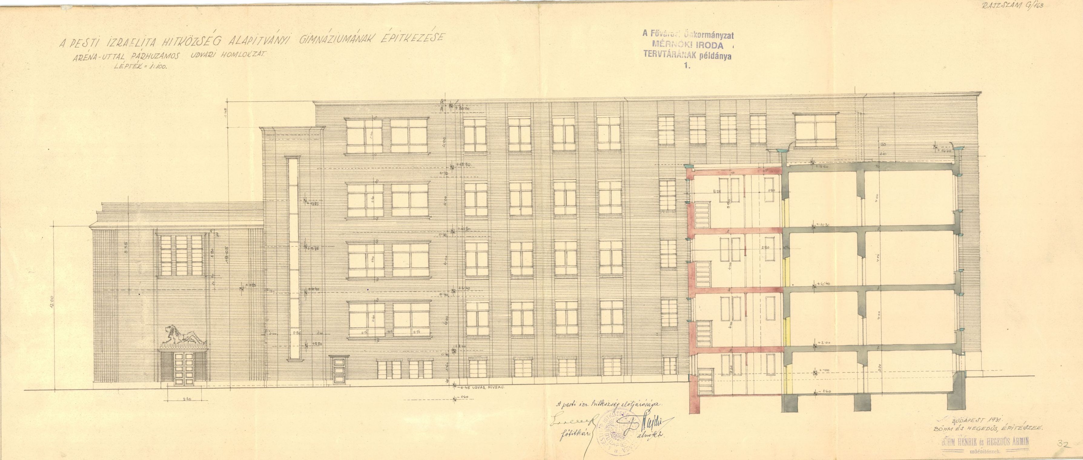 Böhm Henrik - Hegedüs Ármin: A zsidó gimnázium átalakításának és bővítésének terve, az Abonyi utcai szárny udvari homlokzata, 1931. 17_BFL_17_d_329_32745_32