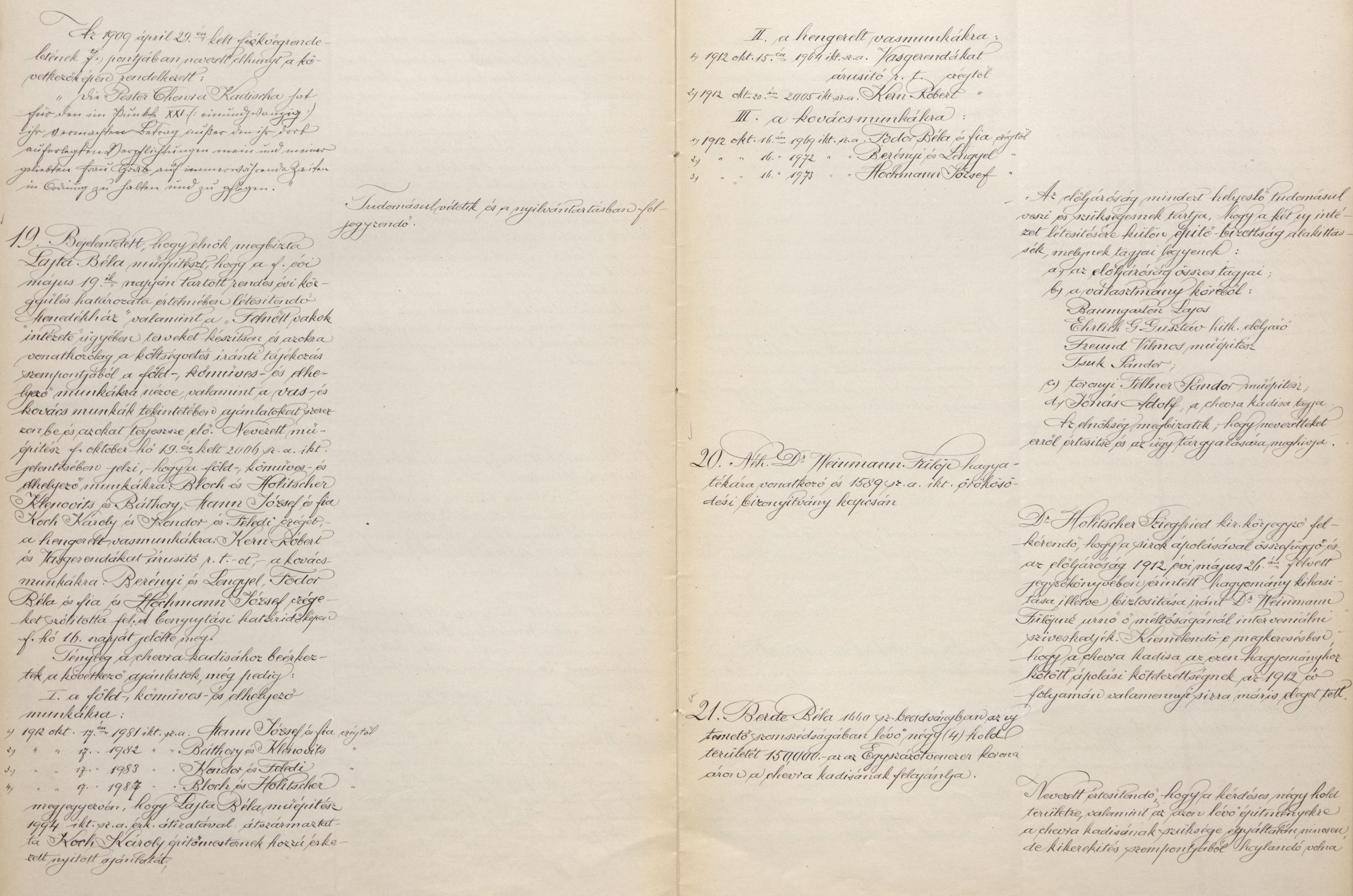 A Pesti Chevra Kadisa elöljáróságának ülésjegyzőkönyve, 1912. X. 20. Lajta Béla tervezési megbízásának és a kiviteli árajánlatok beérkeztének bejelentése. 06_Magyar Zsidó Levéltár, a Pesti Chevra Kadisa iratai