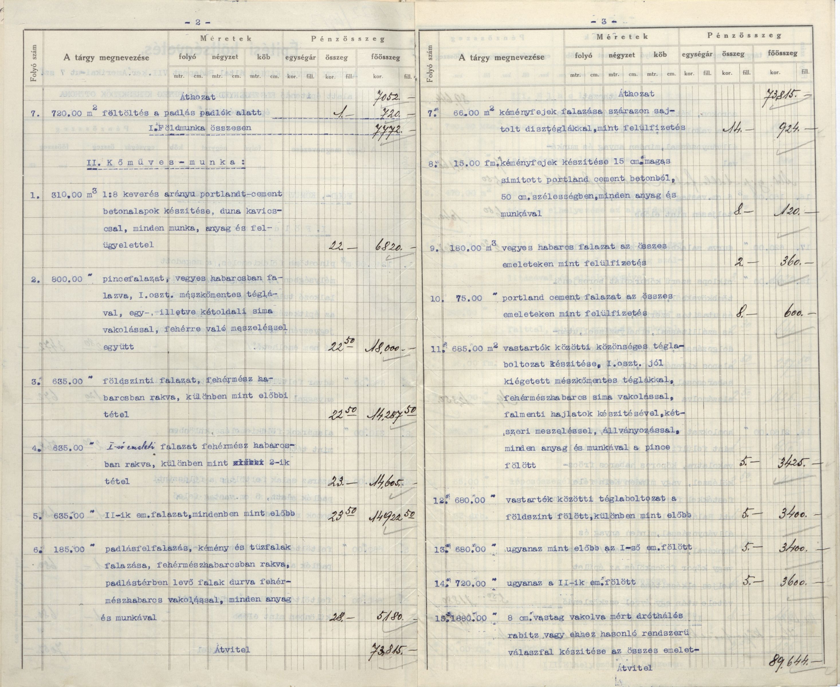 A Menedékháznak a Bloch és Holitscher cég által kitöltött építési költségvetése, 1913. VII. 11. 16_Magyar Zsidó Levéltár, a Pesti Chevra Kadisa iratai