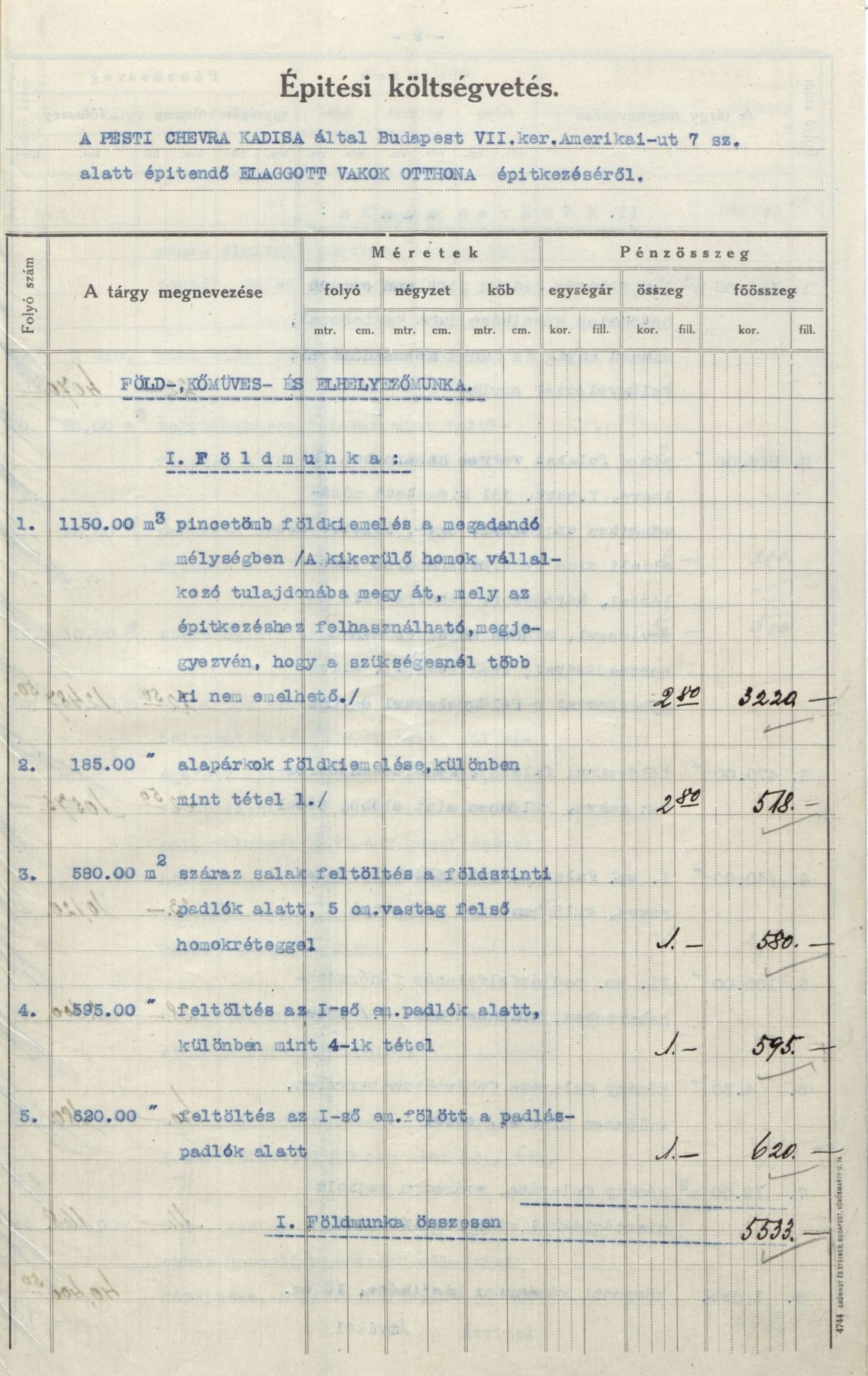 A Felnőtt Vakok Otthonának a Bloch és Holitscher cég által kitöltött építési költségvetése, 1913. VII. 11. 19_Magyar Zsidó Levéltár, a Pesti Chevra Kadisa iratai