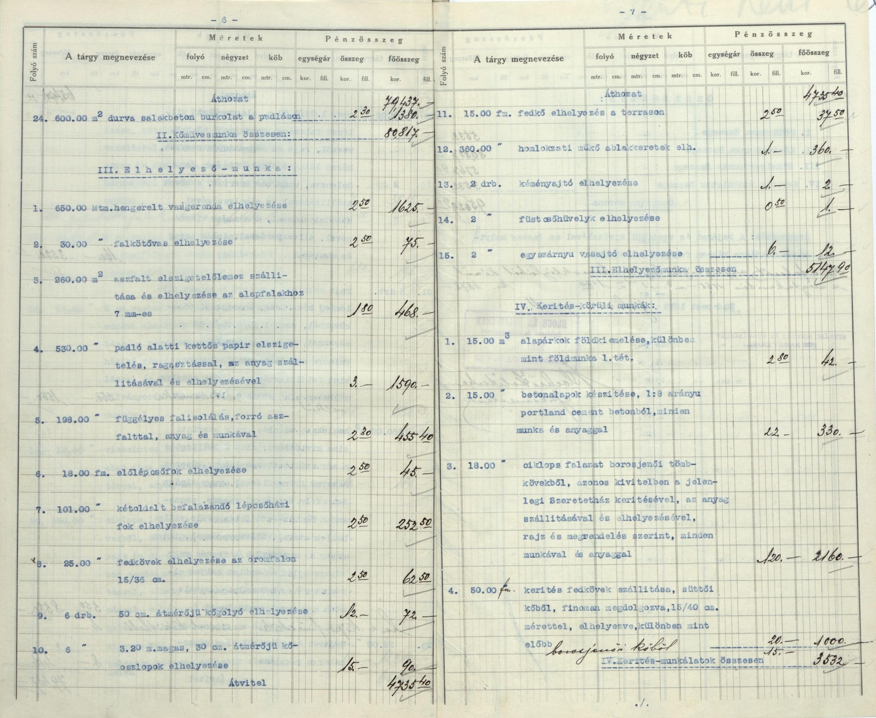 A Felnőtt Vakok Otthonának a Bloch és Holitscher cég által kitöltött építési költségvetése, 1913. VII. 11. 22_Magyar Zsidó Levéltár, a Pesti Chevra Kadisa iratai