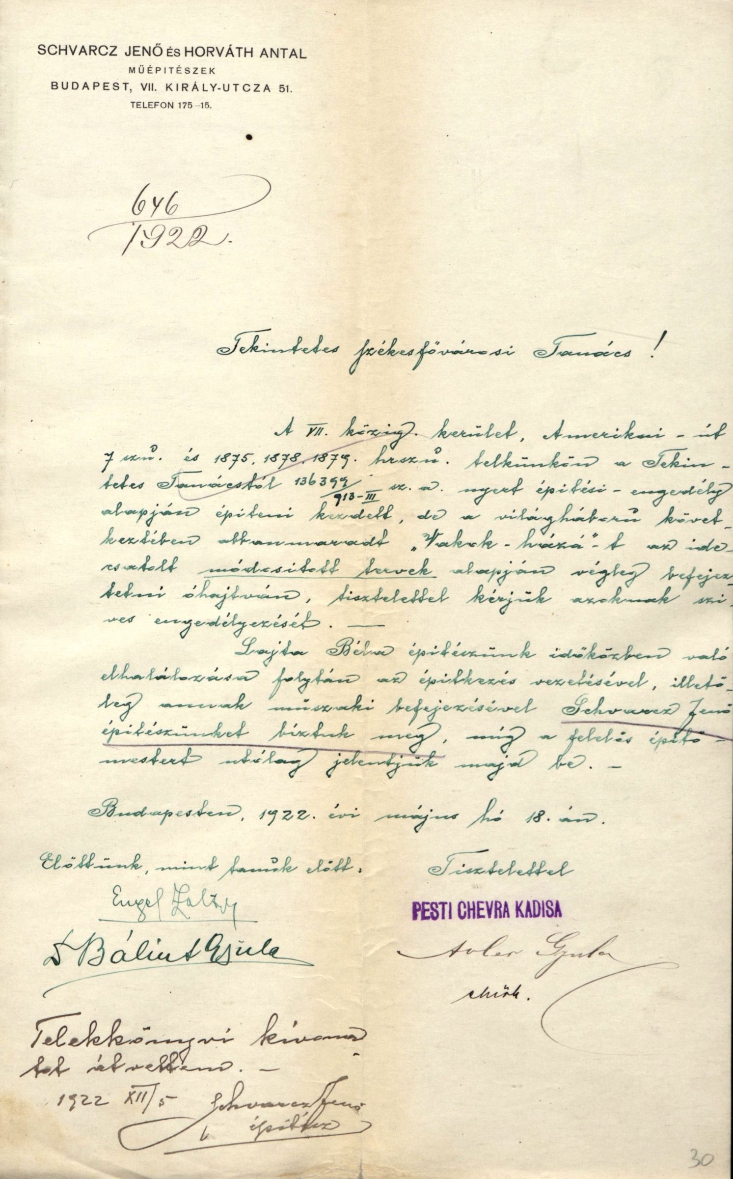 A Felnőtt Vakok Otthona módosított tervek szerinti befejezésének engedélyezése iránti kérelem, 1922. V. 18. 01_BFL_IV_1407_b III_5541_1913