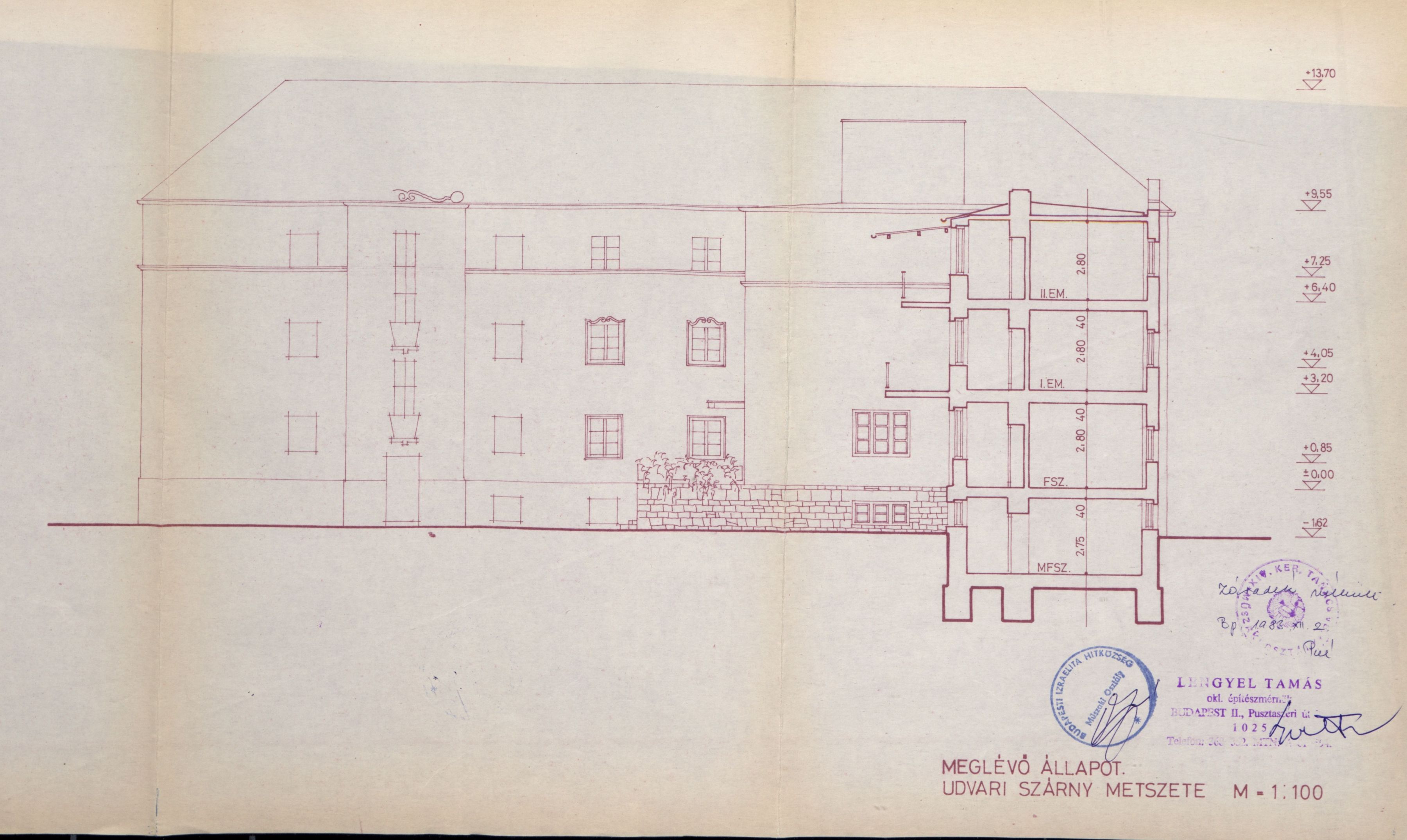 Lengyel Tamás: A volt Menedékház épületének felmérési terve, az udvari szárny metszete és az utcai szárny udvari homlokzata, 1983. IX. 05_BFL_XV_17_d_329_31571