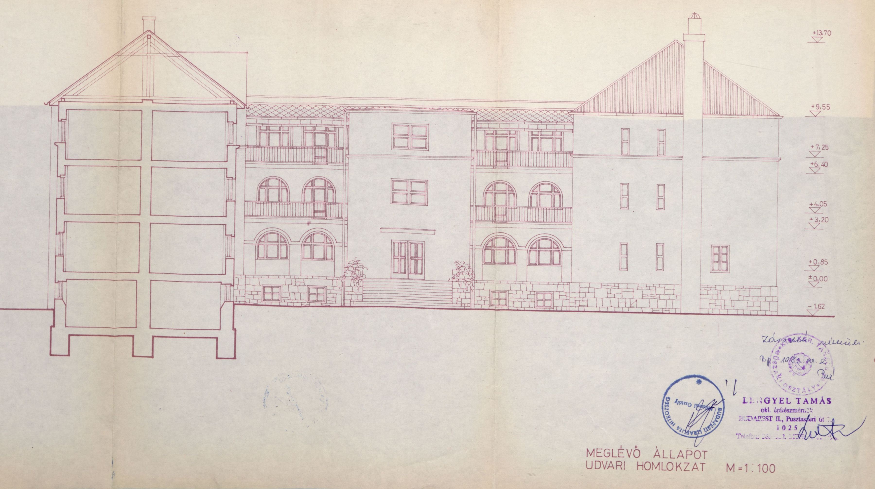 Lengyel Tamás: A volt Menedékház épületének felmérési terve, az utcai szárny metszete és az udvari szárny homlokzata, 1983. IX. 06_BFL_XV_17_d_329_31571