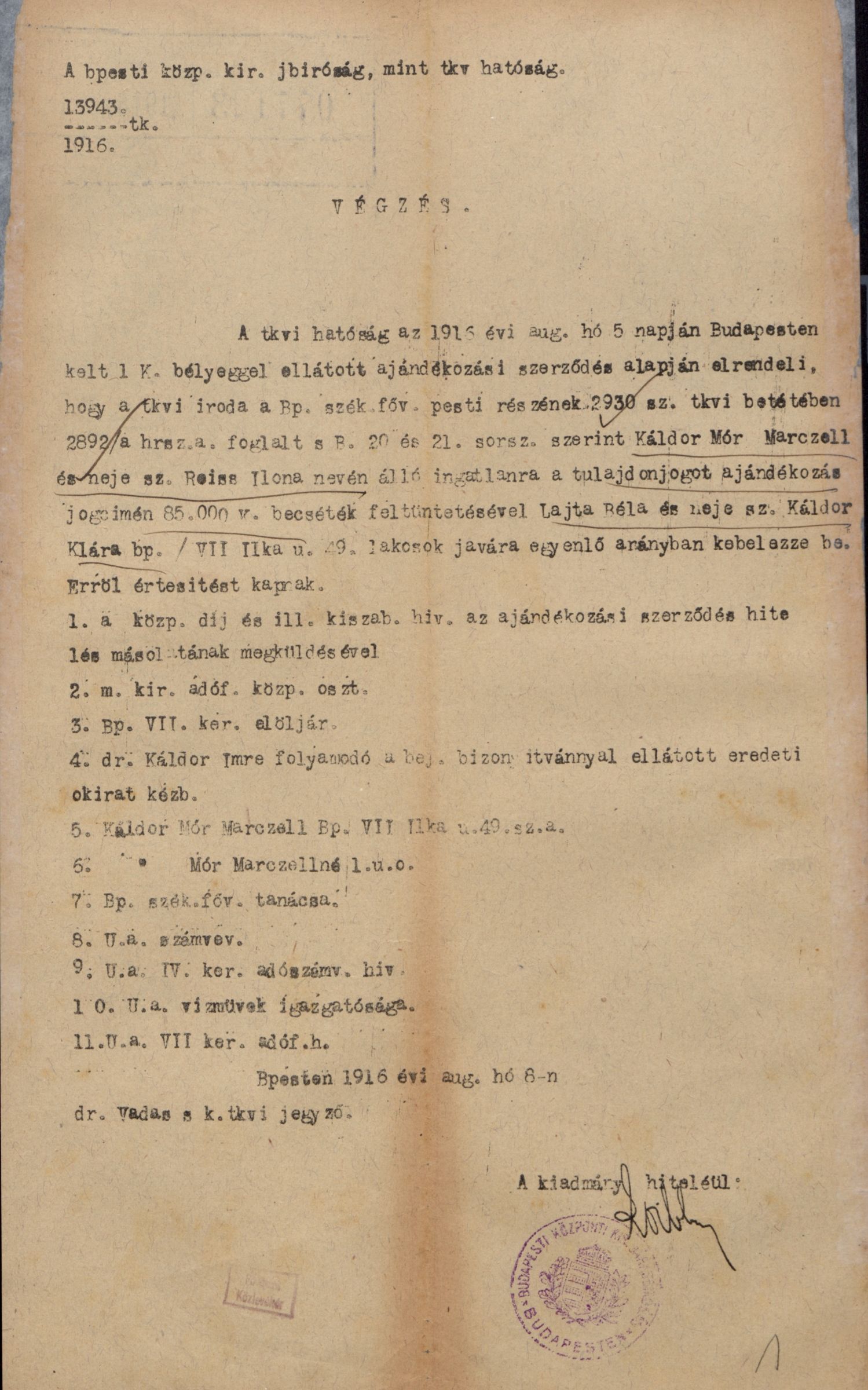 Ingatlan-átírási végzés Lajta Béla és felesége javára, 1916. VIII. 8. BFL_IV_1407_b III_2899_1916