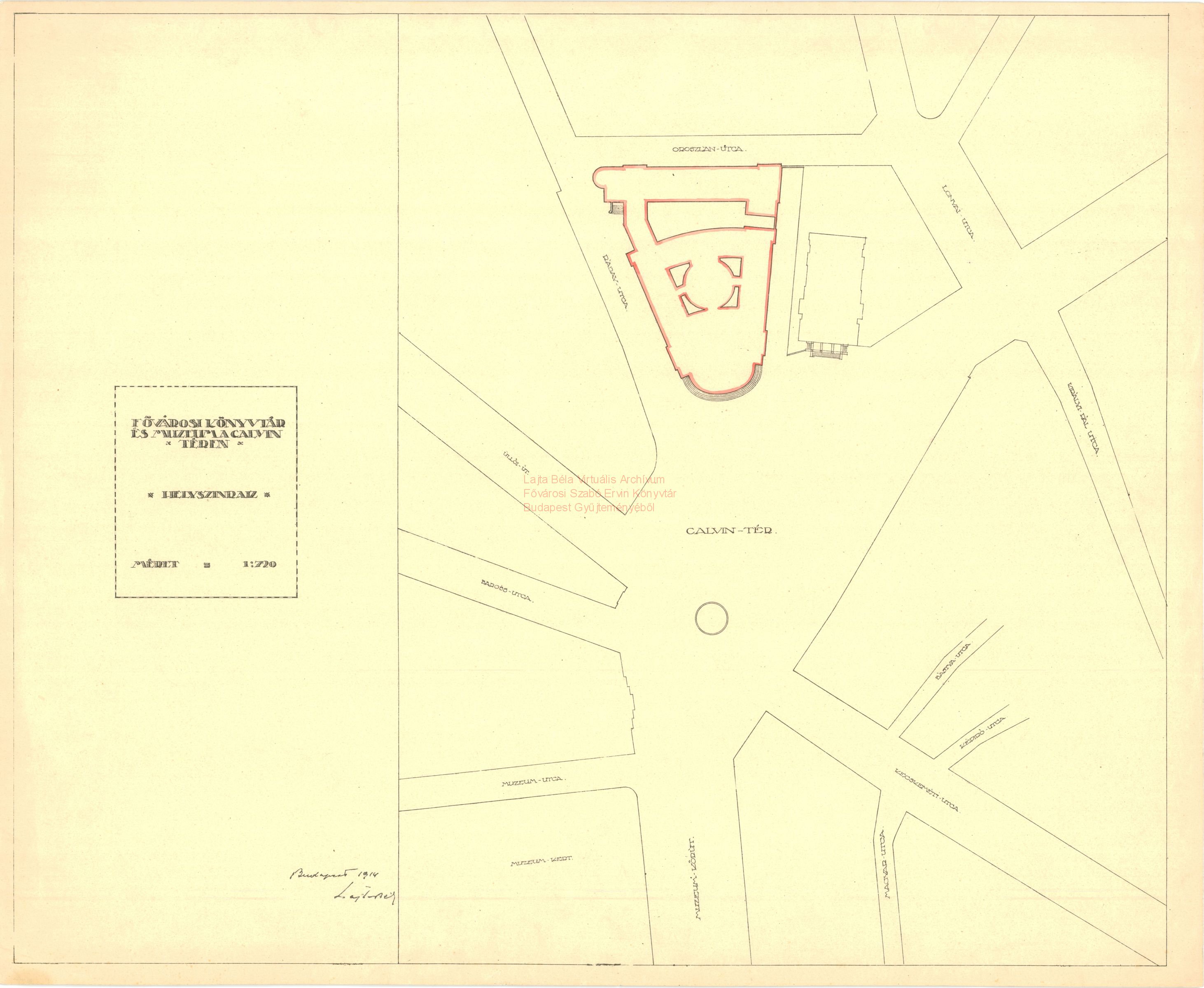 Metropolitan Public Library and Museum, Kálvin tér, first version, site plan, 1914 02_Fővárosi Szabó Ervin Könyvtár, Budapest Gyűjtemény, BTF 533_01