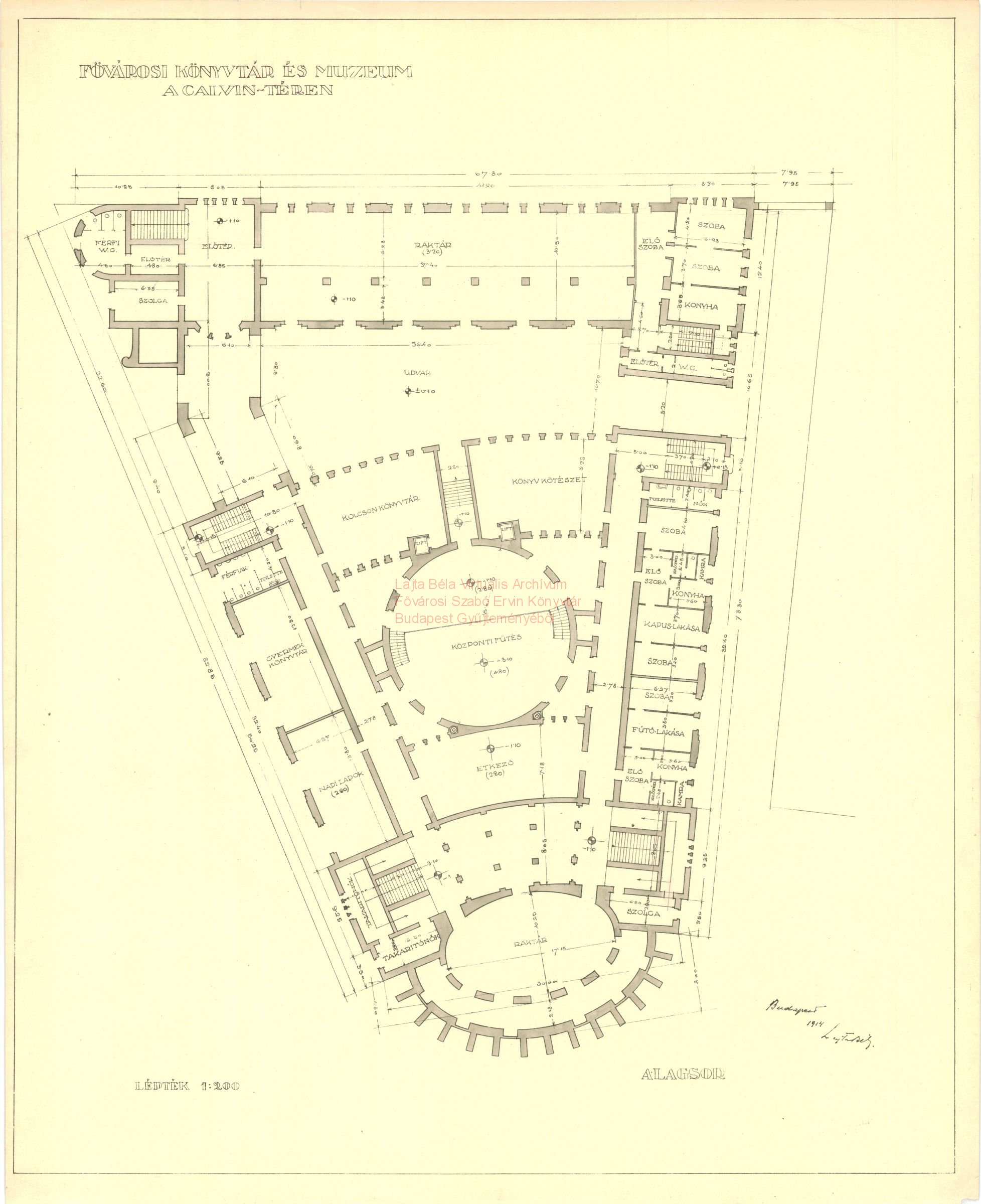 Metropolitan Public Library and Museum, Kálvin tér, first version, ground plan of the basement, 1914 03_Fővárosi Szabó Ervin Könyvtár, Budapest Gyűjtemény, BTF 533_02