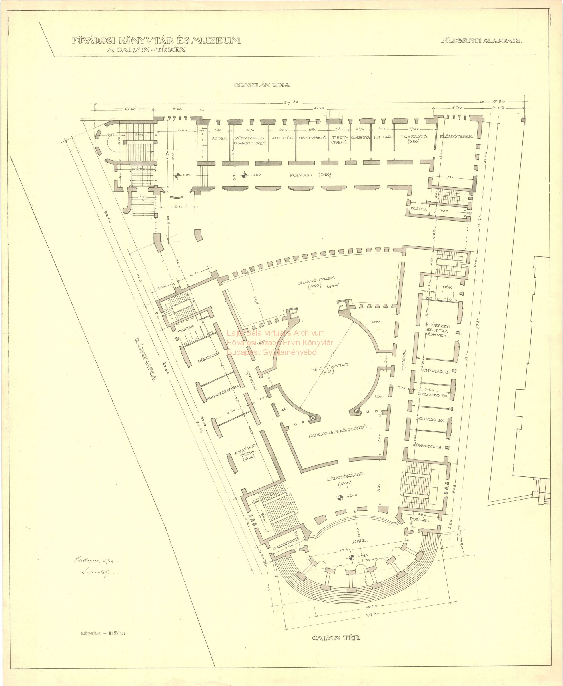 Metropolitan Public Library and Museum, Kálvin tér, first version, ground floor plan, 1914 04_Fővárosi Szabó Ervin Könyvtár, Budapest Gyűjtemény, BTF 533_03