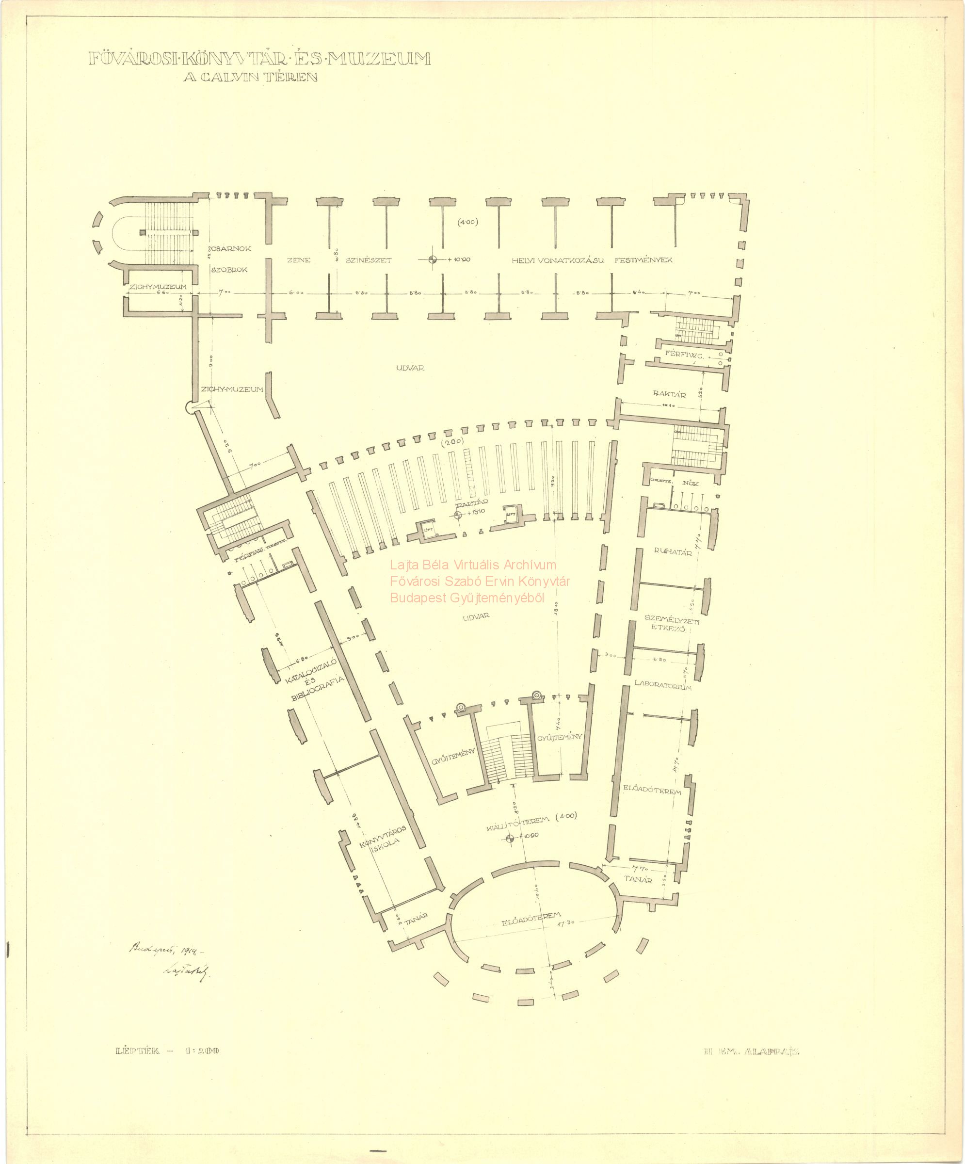 Metropolitan Public Library and Museum, Kálvin tér, first version, second floor plan, 1914 06_Fővárosi Szabó Ervin Könyvtár, Budapest Gyűjtemény, BTF 533_05
