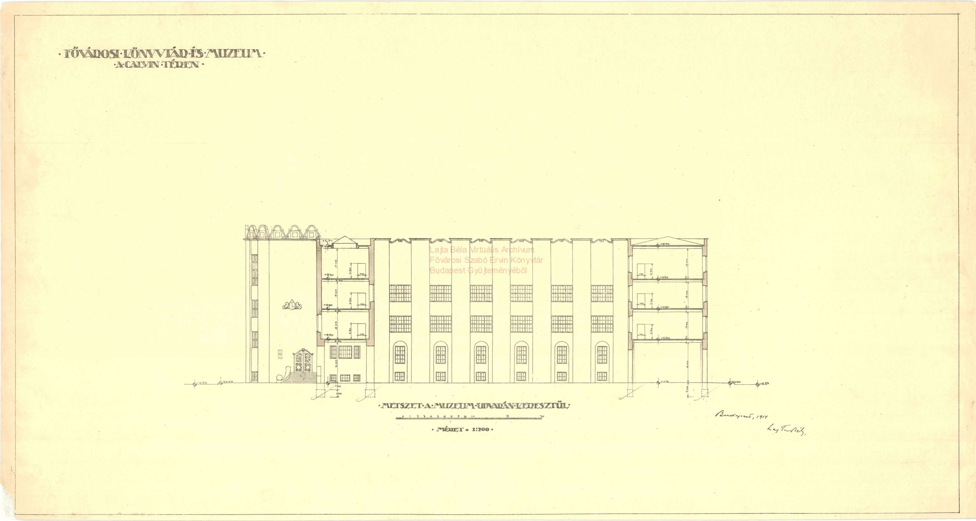 Metropolitan Public Library and Museum, Kálvin tér, first version, cross section and courtyard elevation, 1914 08_Fővárosi Szabó Ervin Könyvtár, Budapest Gyűjtemény, BTF 533_07