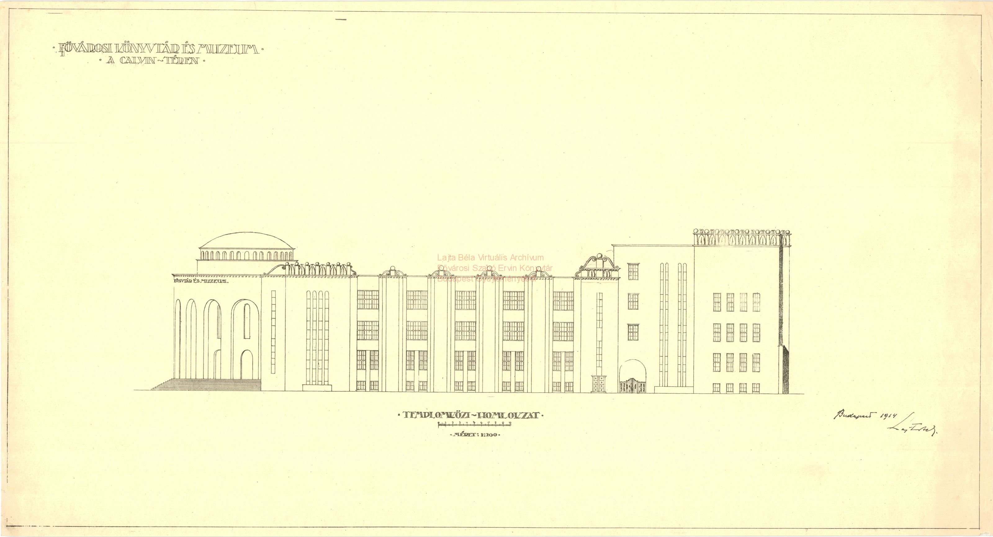 Metropolitan Public Library and Museum, Kálvin tér, first version, elevation on the Templomköz, 1914 09_Fővárosi Szabó Ervin Könyvtár, Budapest Gyűjtemény, BTF 533_08