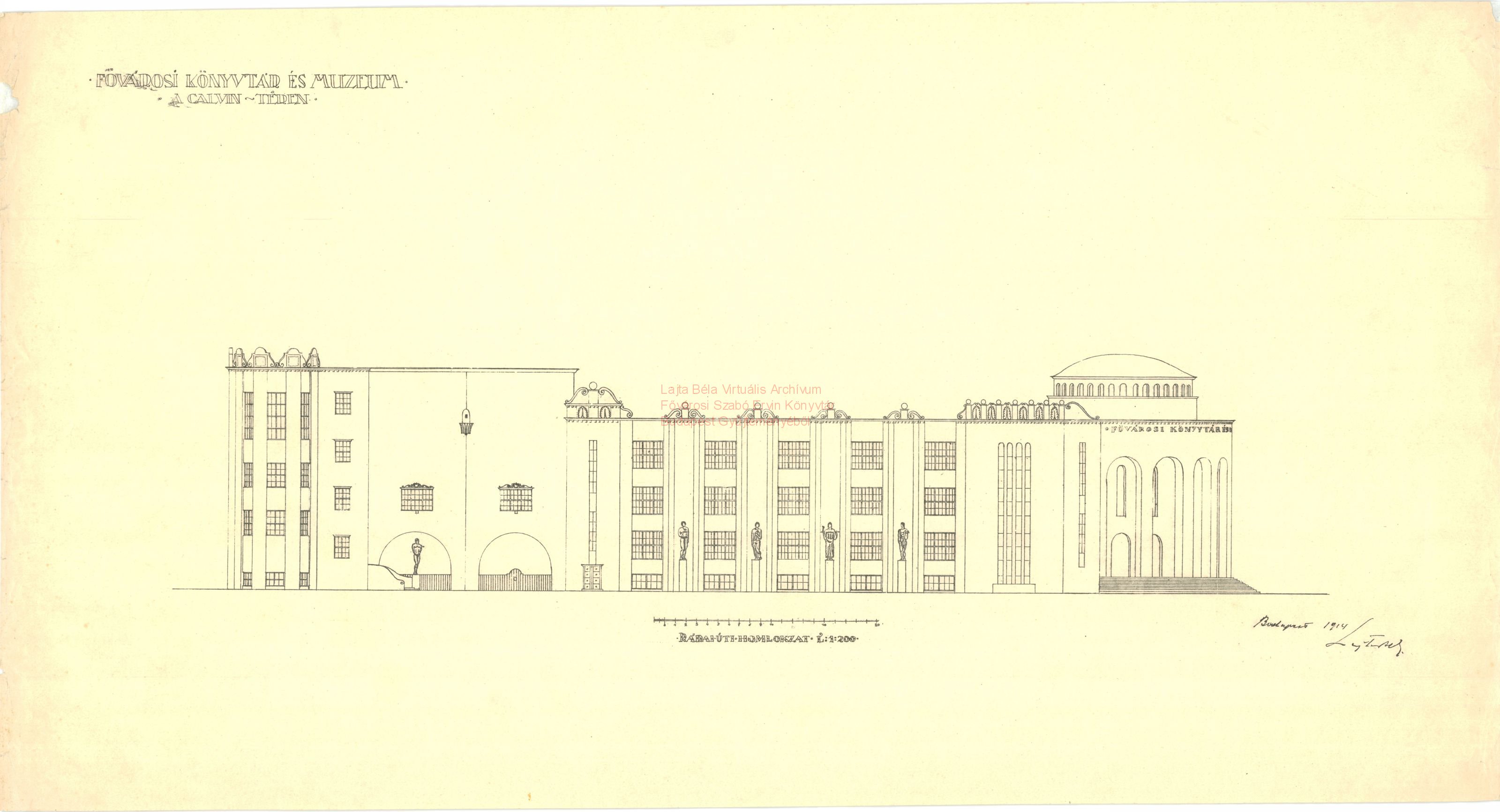Metropolitan Public Library and Museum, Kálvin tér, first version, elevation on Ráday utca, 1914 10_Fővárosi Szabó Ervin Könyvtár, Budapest Gyűjtemény, BTF 533_09