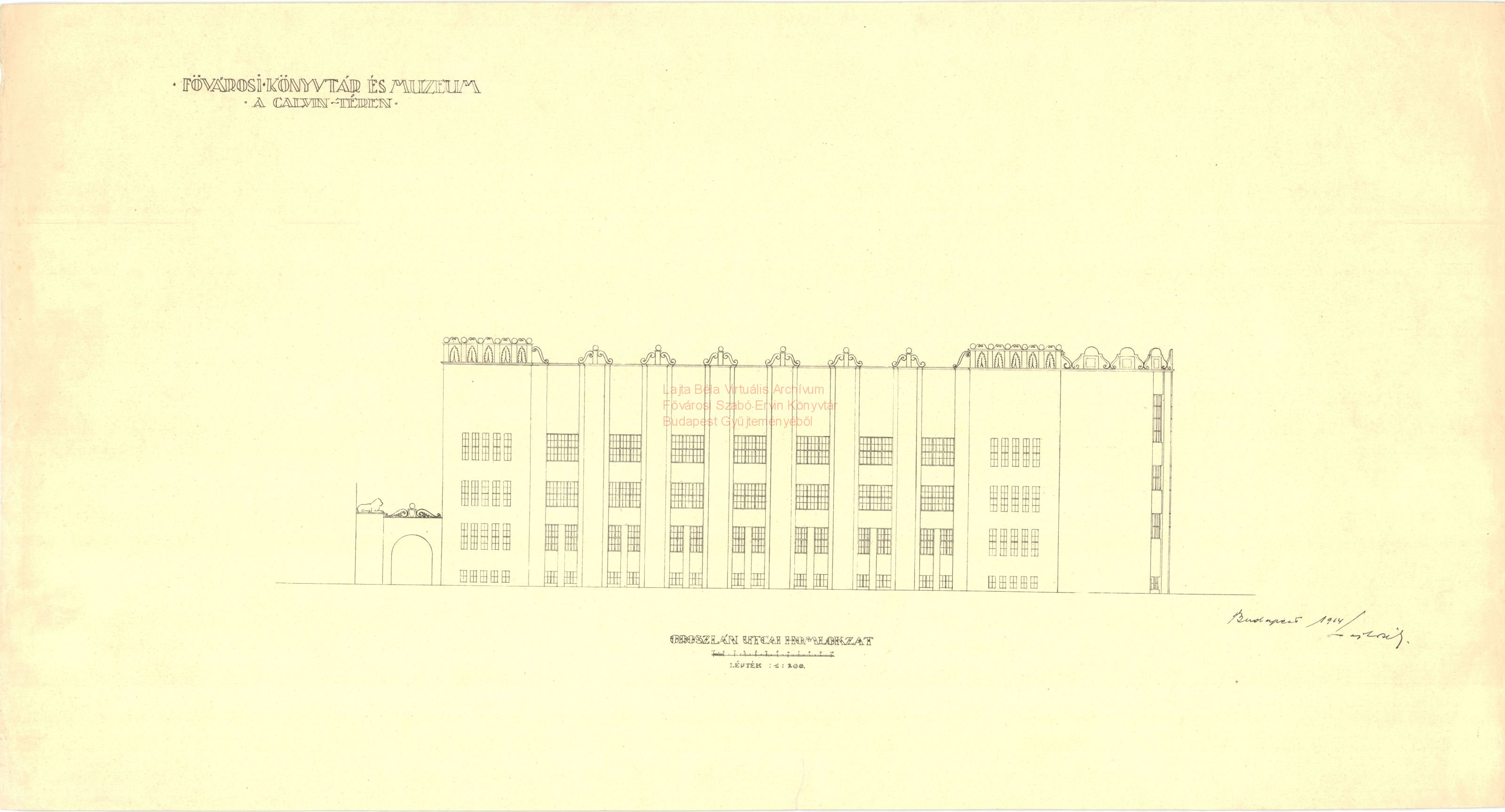 Metropolitan Public Library and Museum, Kálvin tér, first version, elevation on Oroszlán utca, 1914 11_Fővárosi Szabó Ervin Könyvtár, Budapest Gyűjtemény, BTF 533_10