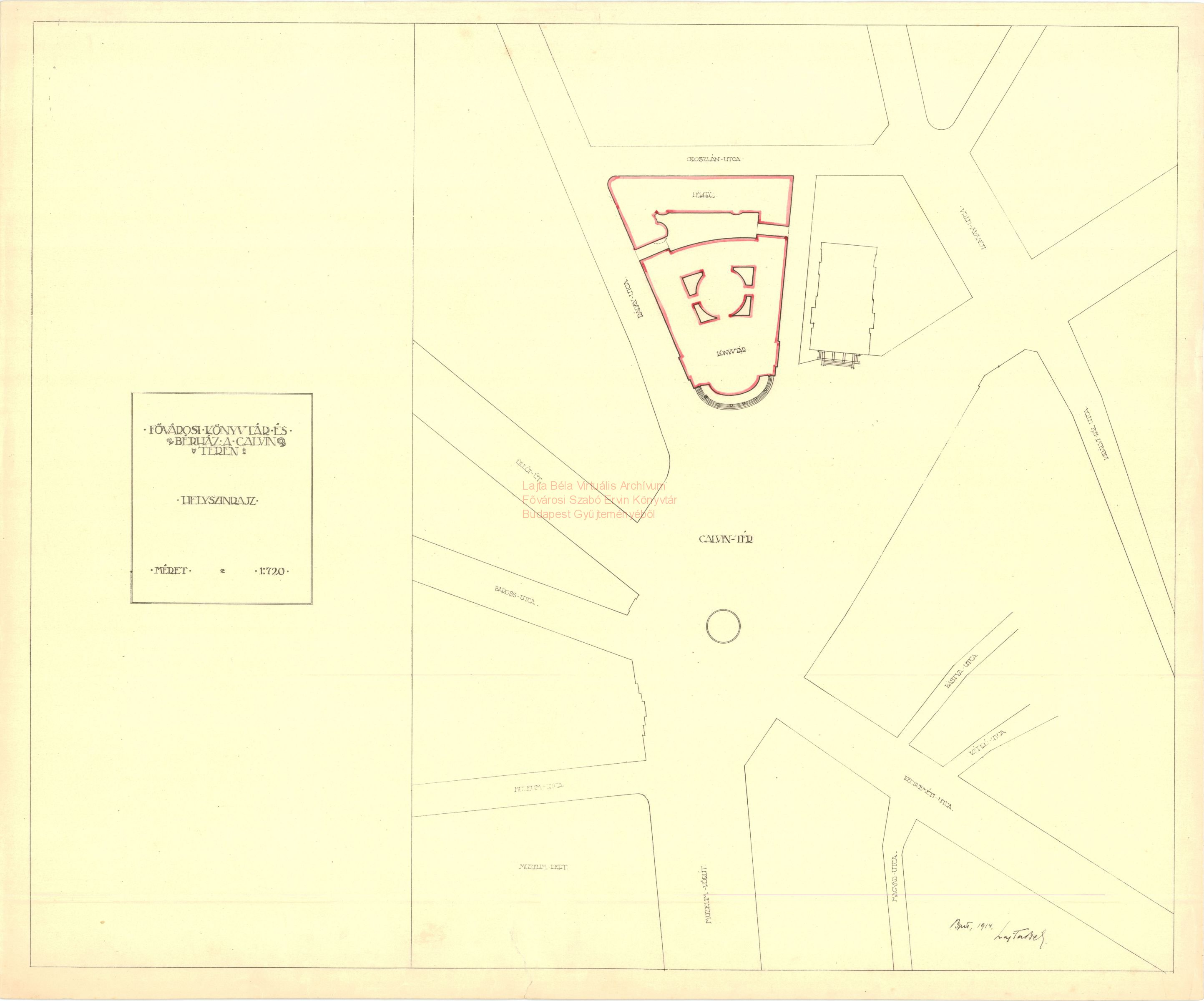 Metropolitan Public Library combined with an apartment block, Kálvin tér, second version, site plan, 1914 14_Fővárosi Szabó Ervin Könyvtár, Budapest Gyűjtemény, BTF 533_11