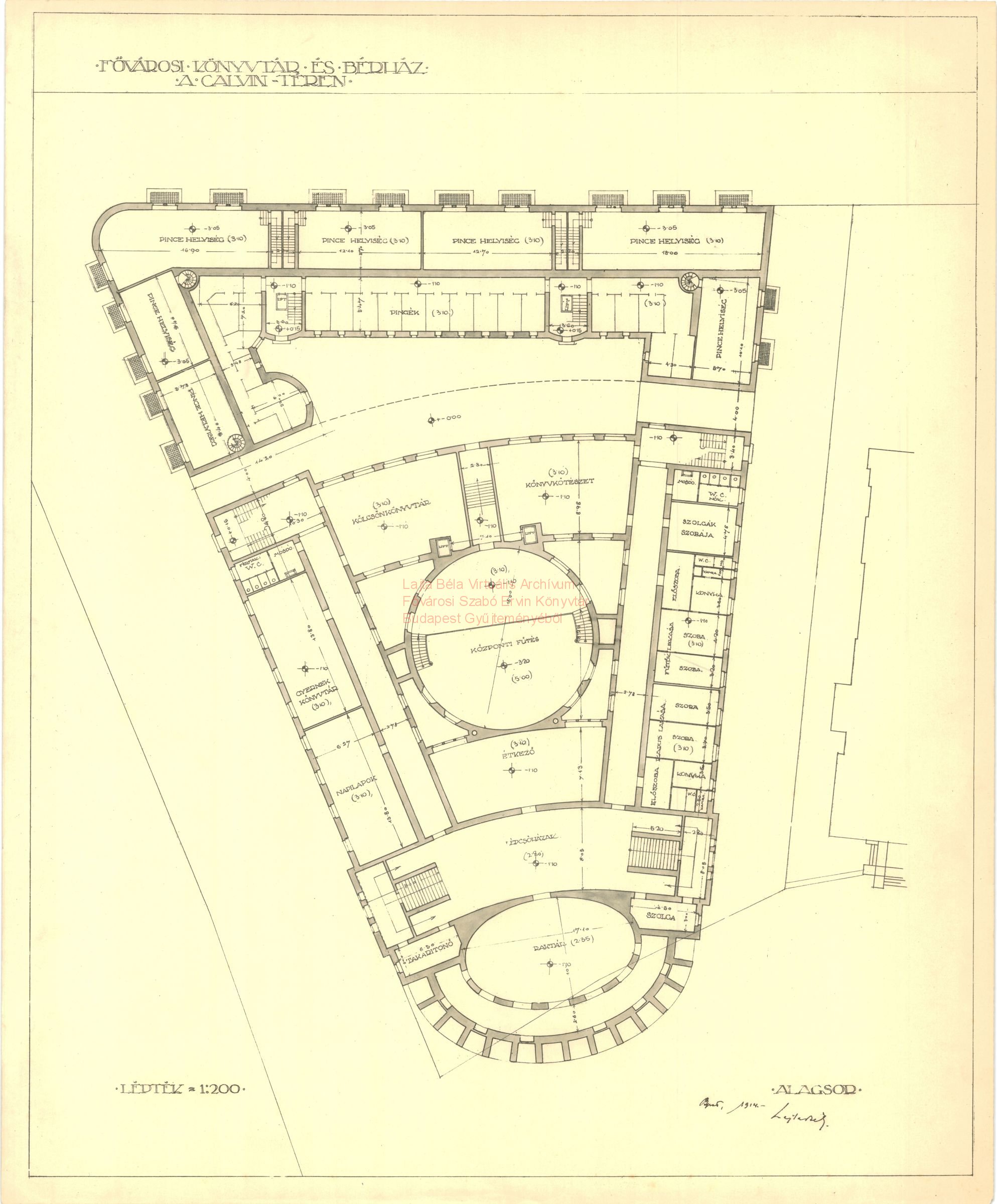 Metropolitan Public Library combined with an apartment block, Kálvin tér, second version, ground plan of the basement, 1914 15_Fővárosi Szabó Ervin Könyvtár, Budapest Gyűjtemény, BTF 533_12
