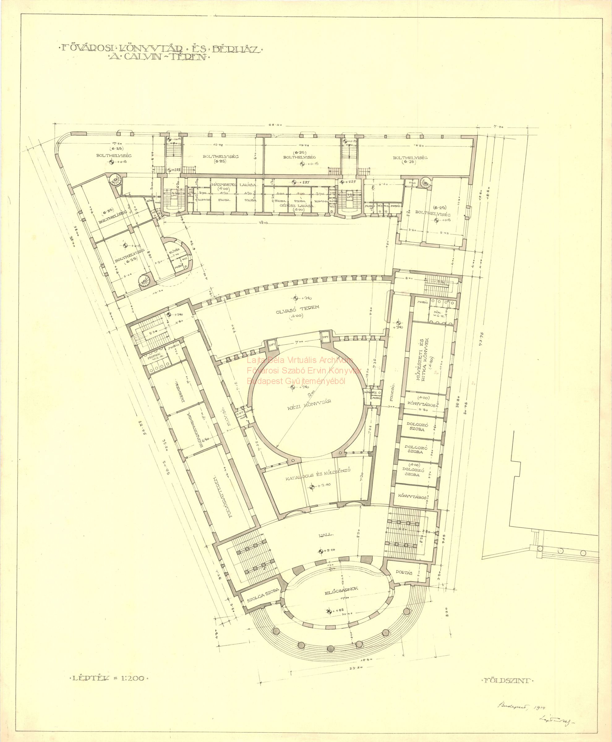 Metropolitan Public Library combined with an apartment block, Kálvin tér, second version, ground floor plan, 1914 16_Fővárosi Szabó Ervin Könyvtár, Budapest Gyűjtemény, BTF 533_13