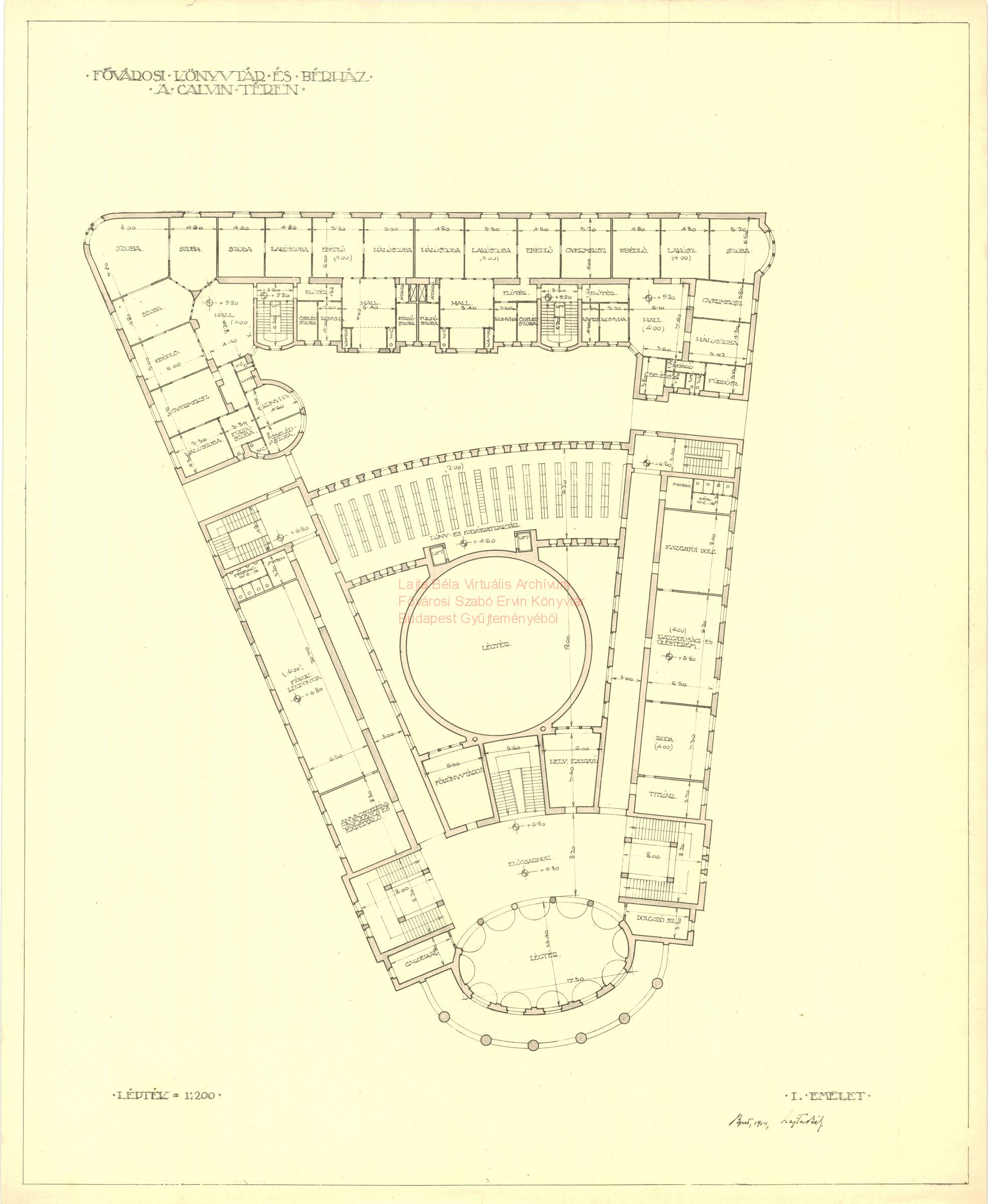 Metropolitan Public Library combined with an apartment block, Kálvin tér, second version, first floor plan, 1914 17_Fővárosi Szabó Ervin Könyvtár, Budapest Gyűjtemény, BTF 533_14