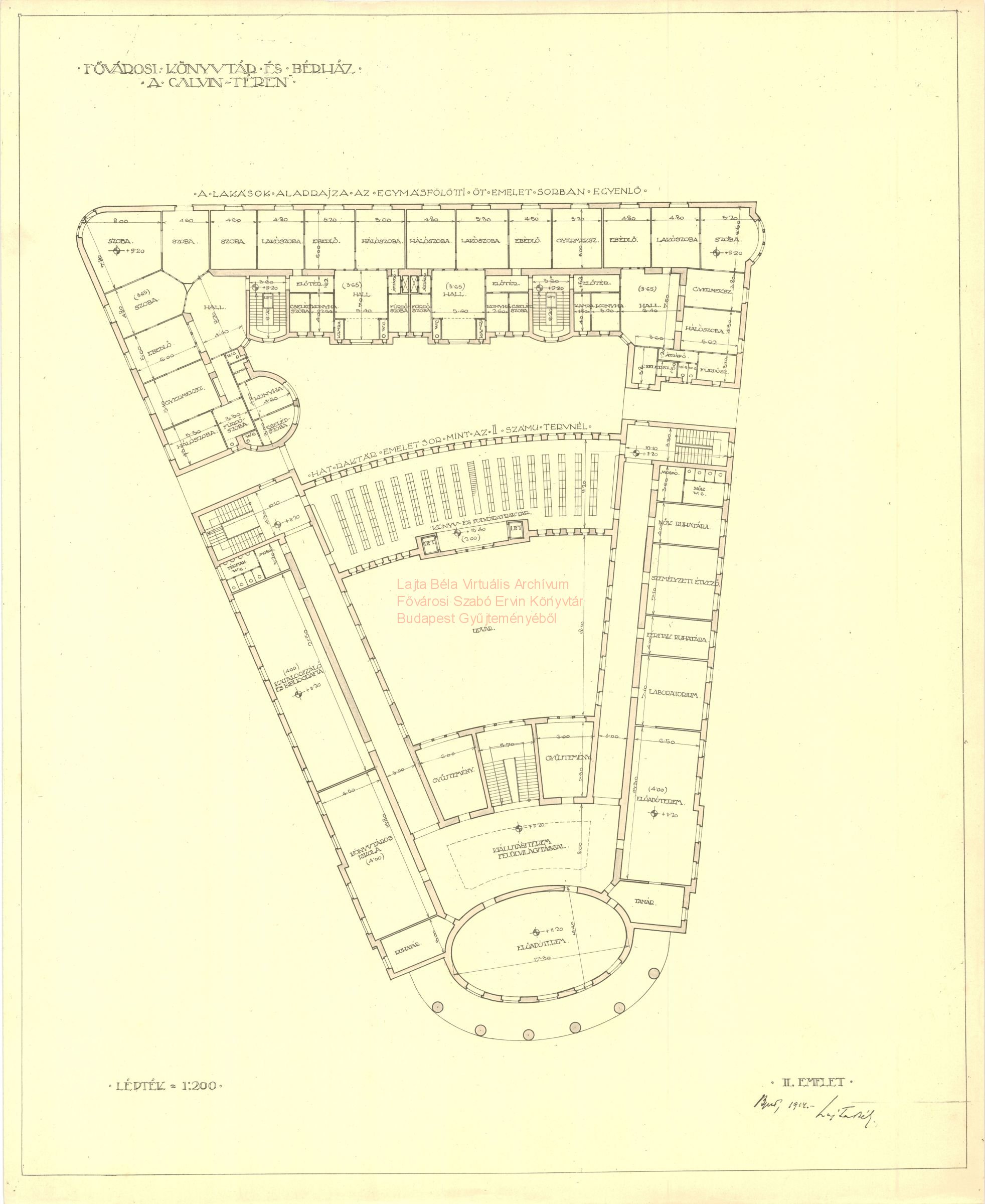 Metropolitan Public Library combined with an apartment block, Kálvin tér, second version, second floor plan, 1914 18_Fővárosi Szabó Ervin Könyvtár, Budapest Gyűjtemény, BTF 533_15