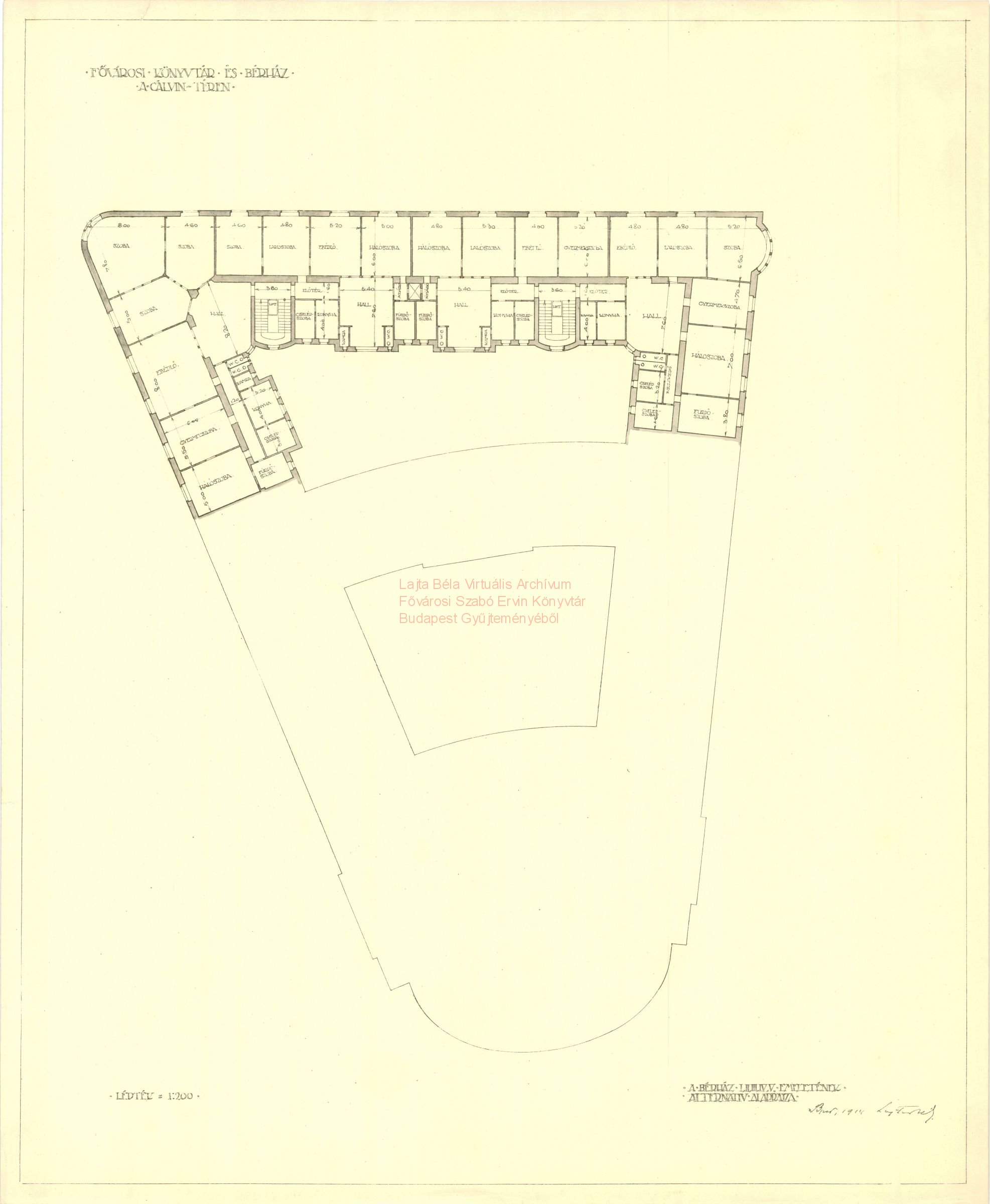 Metropolitan Public Library combined with an apartment block, Kálvin tér, second version, alternative floor plan for the apartment block, 1914 19_Fővárosi Szabó Ervin Könyvtár, Budapest Gyűjtemény, BTF 533_16