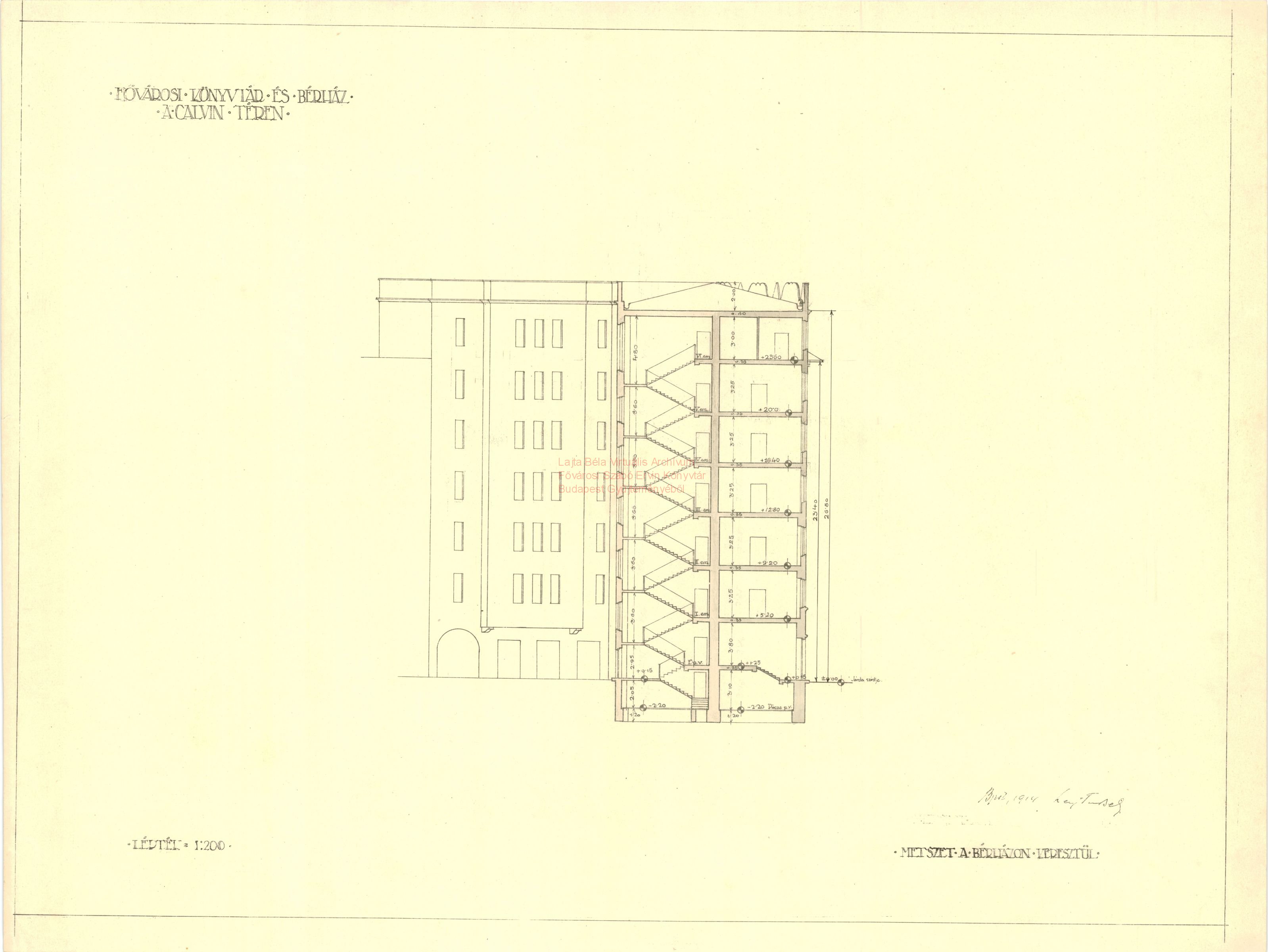 Metropolitan Public Library combined with an apartment block, Kálvin tér, second version, section through the apartment block, 1914 20_Fővárosi Szabó Ervin Könyvtár, Budapest Gyűjtemény, BTF 533_17