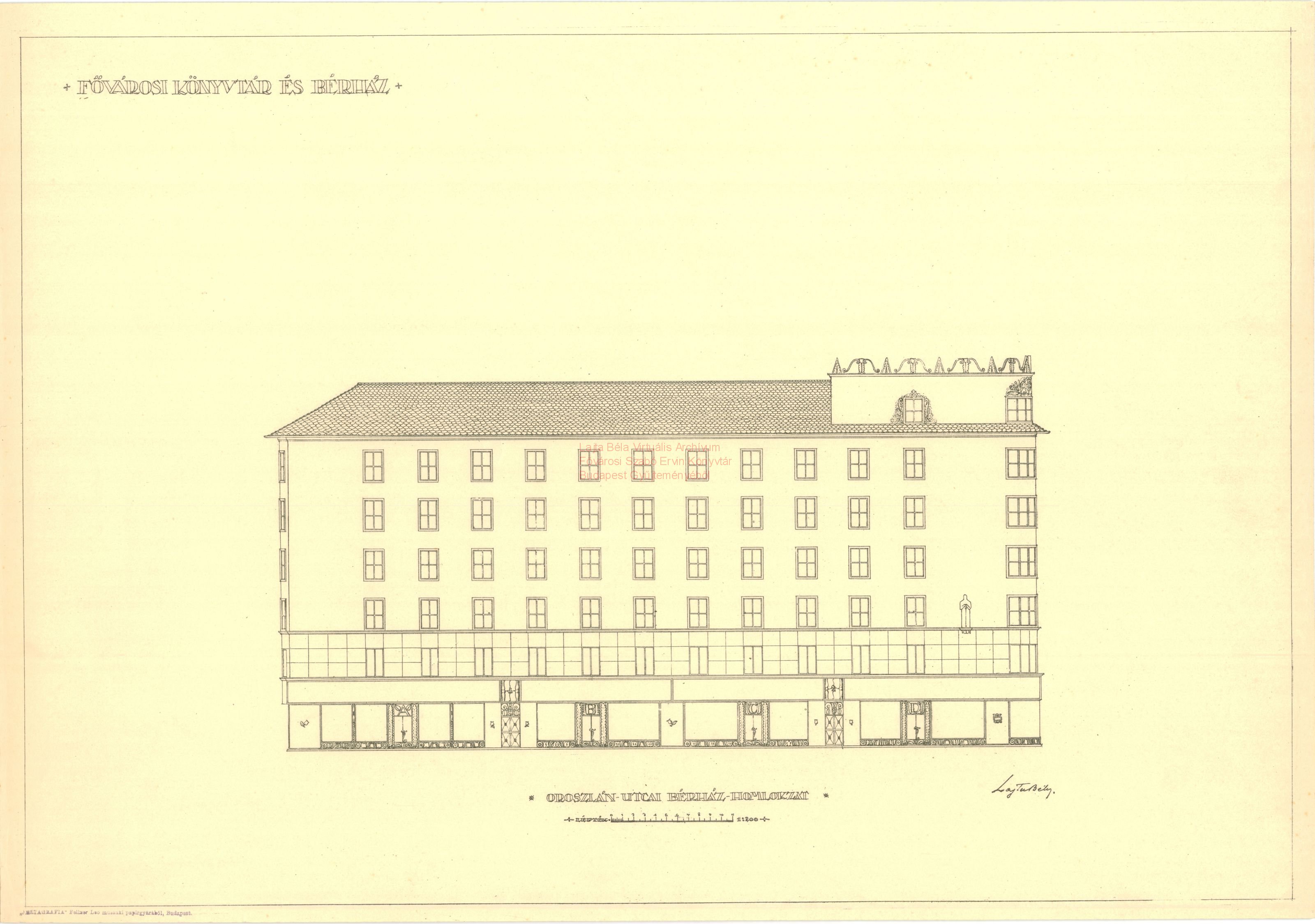 Metropolitan Public Library combined with an apartment block, Kálvin tér, second version, elevation of the apartment block on Oroszlán utca, 1914 21_Fővárosi Szabó Ervin Könyvtár, Budapest Gyűjtemény, BTF 533_18